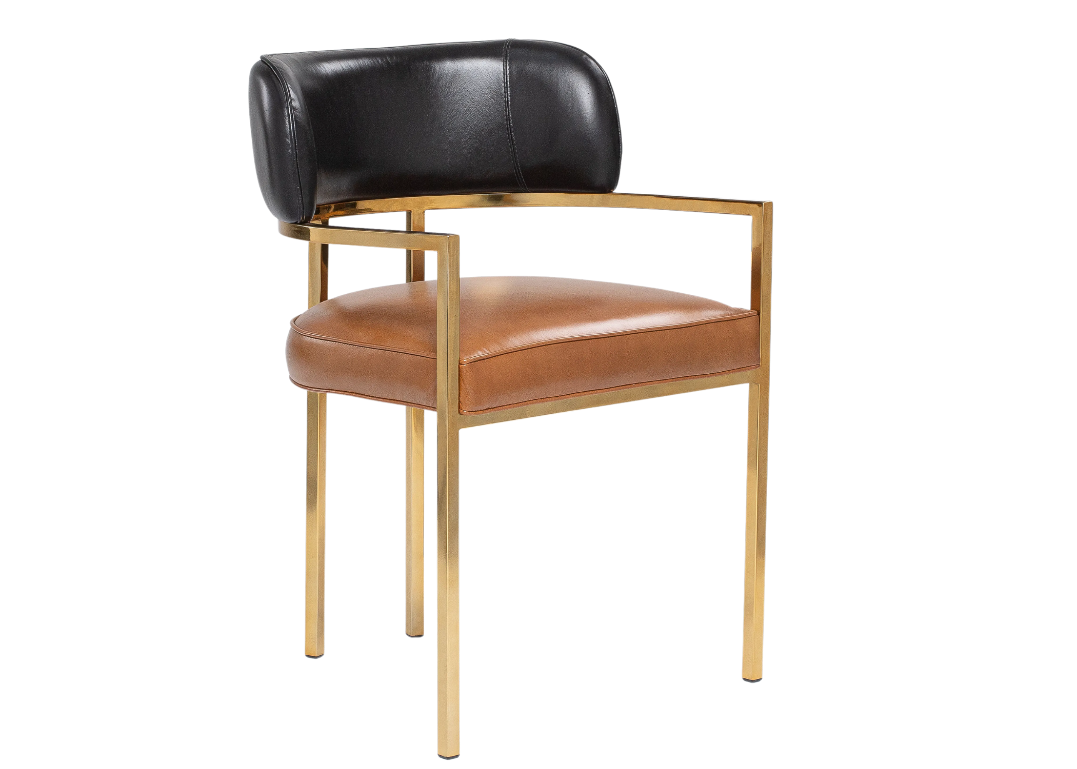 Cadeira de jantar com estrutura em inox dourado e revestimento escuro, modelo Flora, perfeita para compor ambientes luxuosos e modernos.
