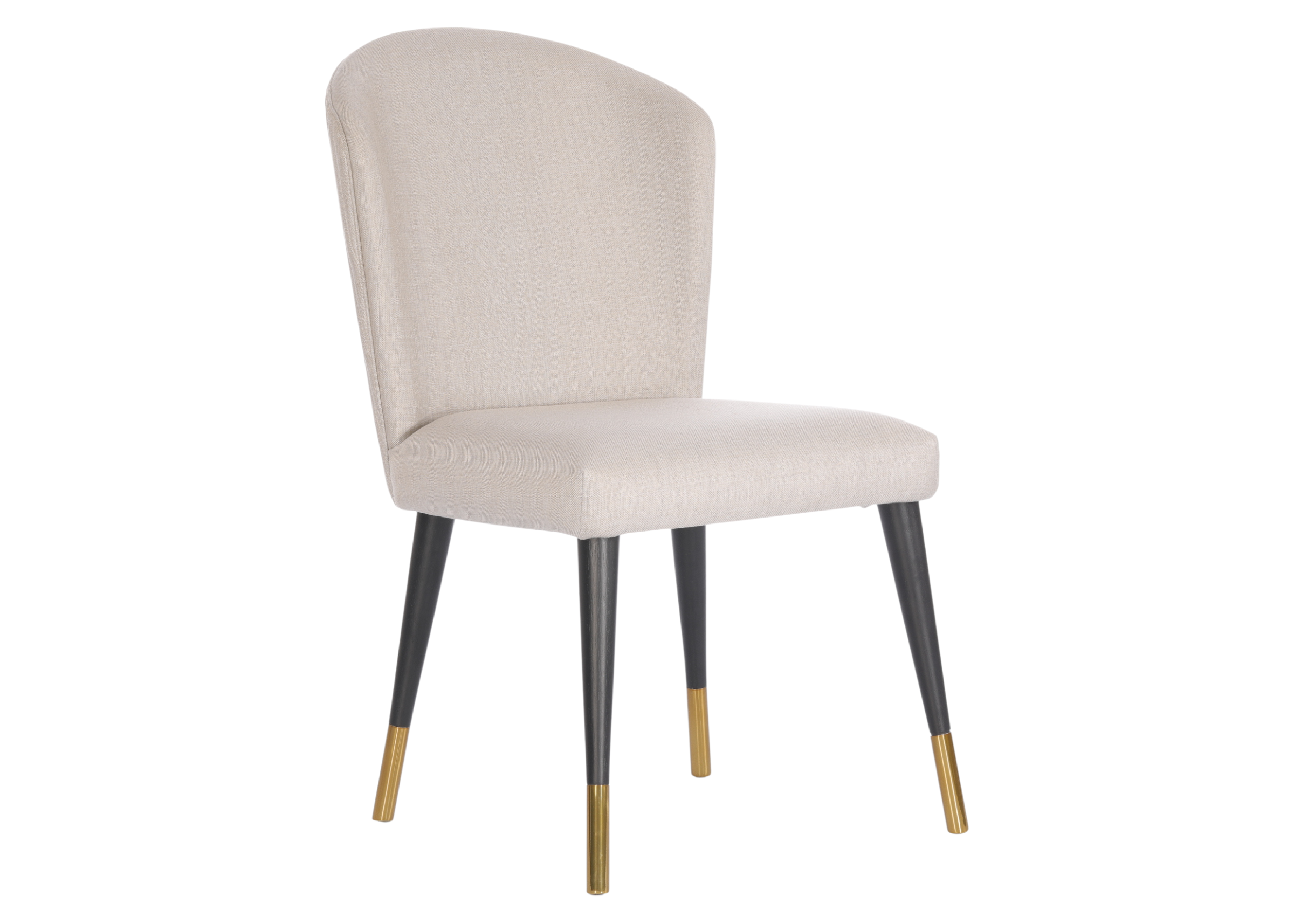 Cadeira de jantar Meggie em madeira com revestimento em linho off white e ponteira em inox dourado, design elegante e sofisticado, ideal para salas de jantar modernas.