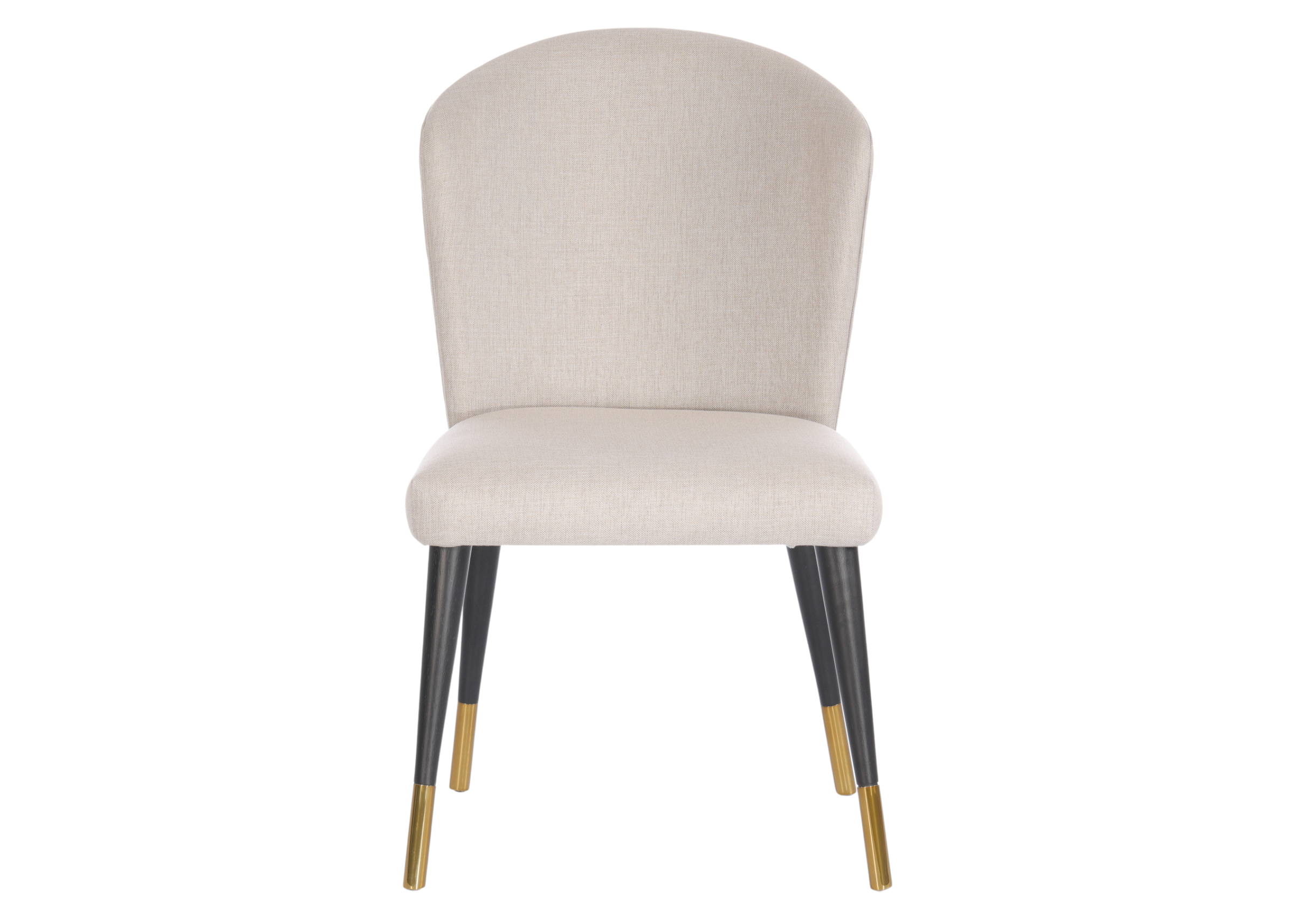 Cadeira de jantar Meggie em madeira preta com ponteira em inox dourado, design luxuoso e sofisticado, ideal para compor salas de jantar elegantes.