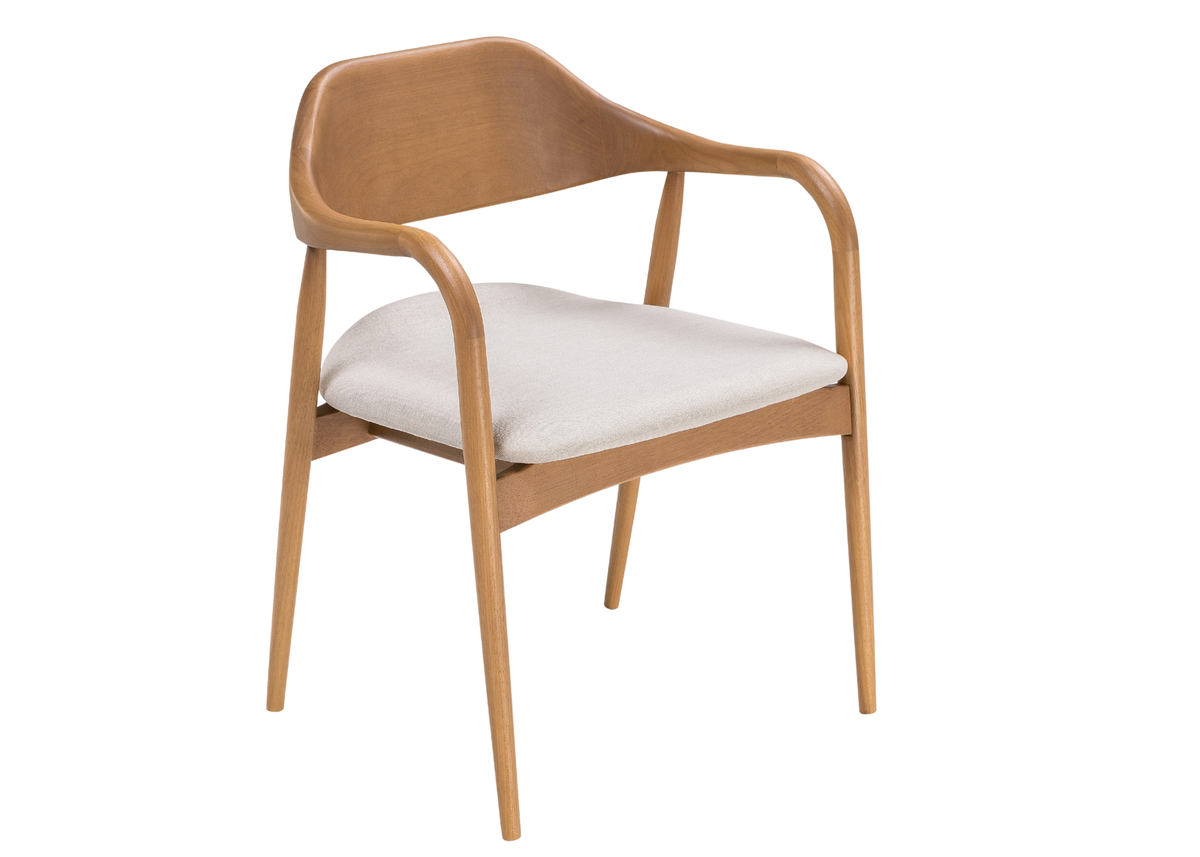 Cadeira Laura em madeira maciça com assento estofado em tecido, design curvo e elegante para salas de jantar contemporâneas