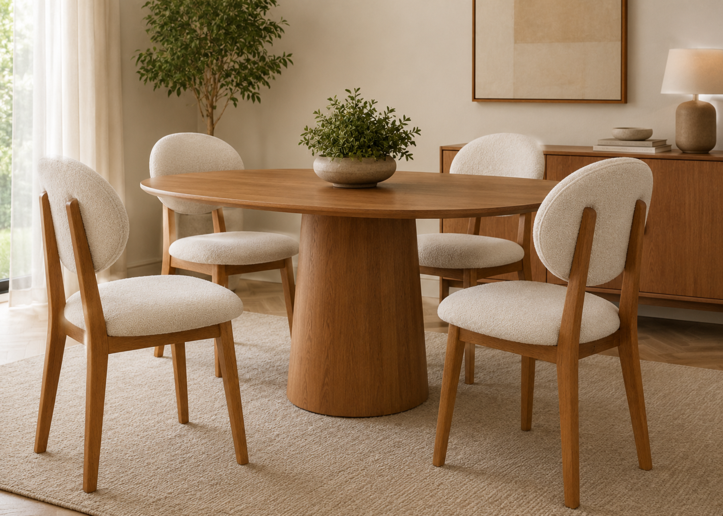 Cadeira Magnólia em madeira mel com assento e encosto revestidos em bouclé off white, apresentando design moderno e acabamento sofisticado.