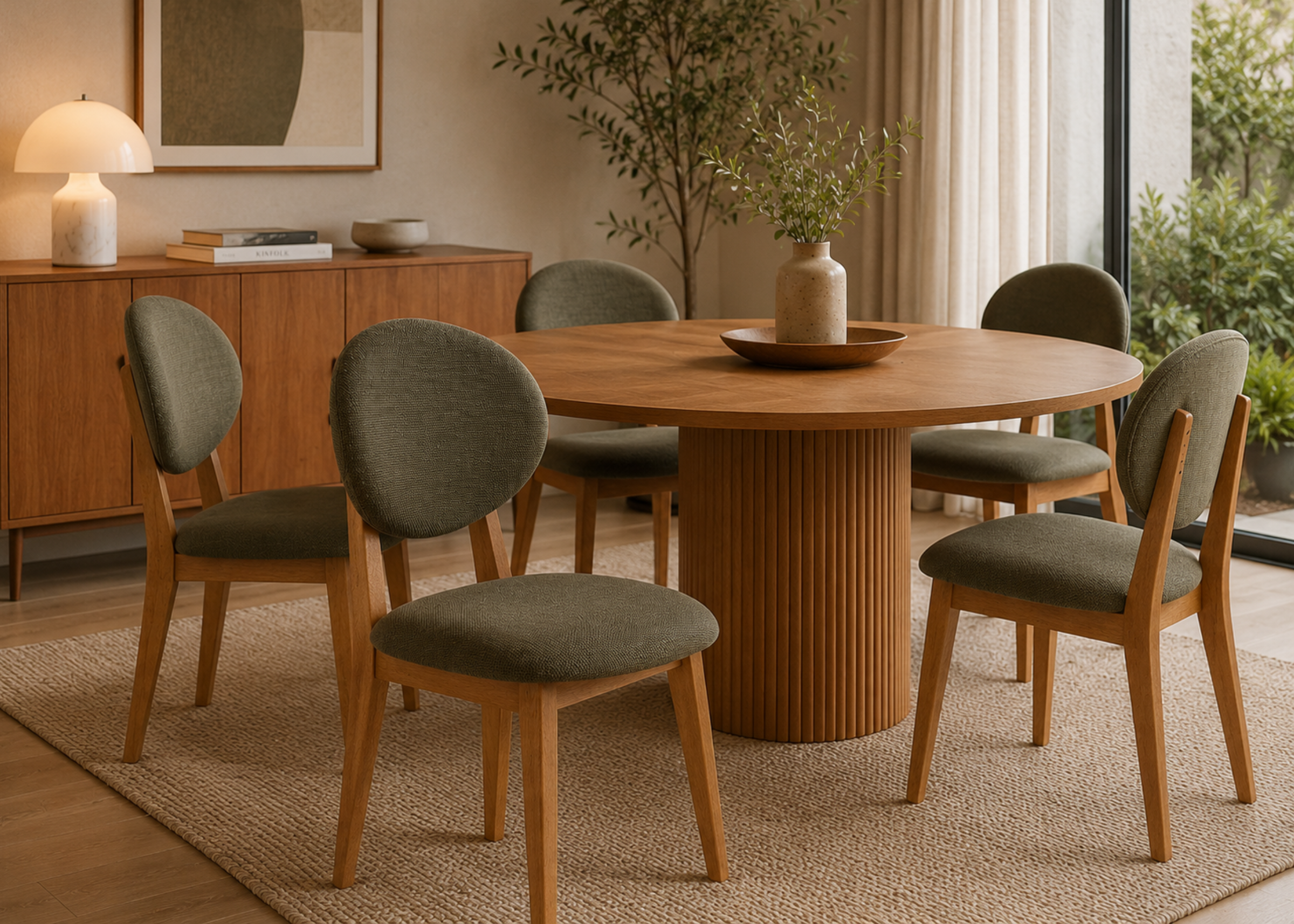 Cadeira Magnólia em madeira mel com assento e encosto revestidos em bouclé verde escuro, apresentando design moderno e acabamento de alto padrão.