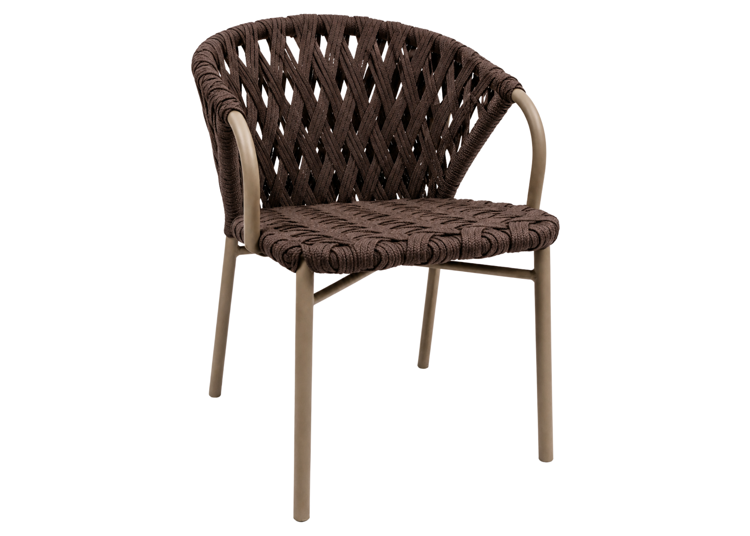 Cadeira Manhattan para área externa com estrutura em alumínio pintado e acabamento em corda náutica, apresentando design moderno e sofisticado para ambientes ao ar livre.