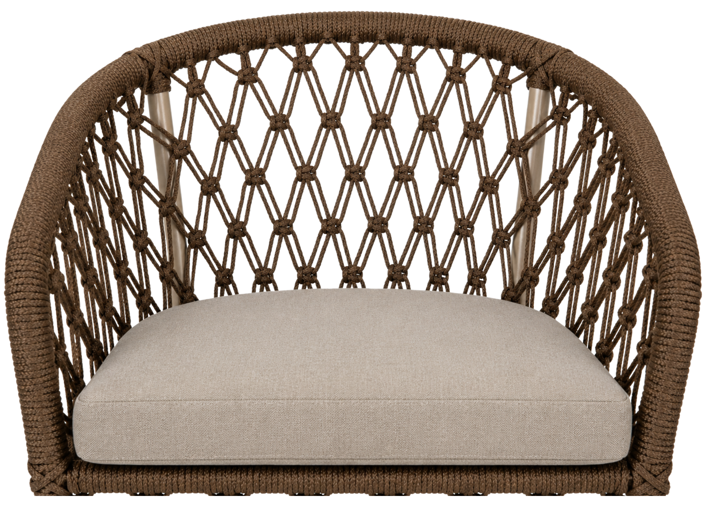 Cadeira modelo Sand para área externa com alumínio e corda náutica, apresentando design contemporâneo e sofisticado para ambientes externos.