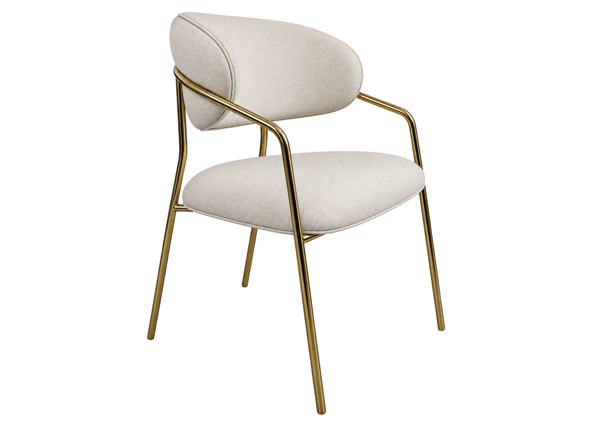 Cadeira Monalisa com revestimento off white e base em ouro matte, destacando seu design sofisticado e elegante. Móvel moderno para compor salas de jantar e ambientes contemporâneos.