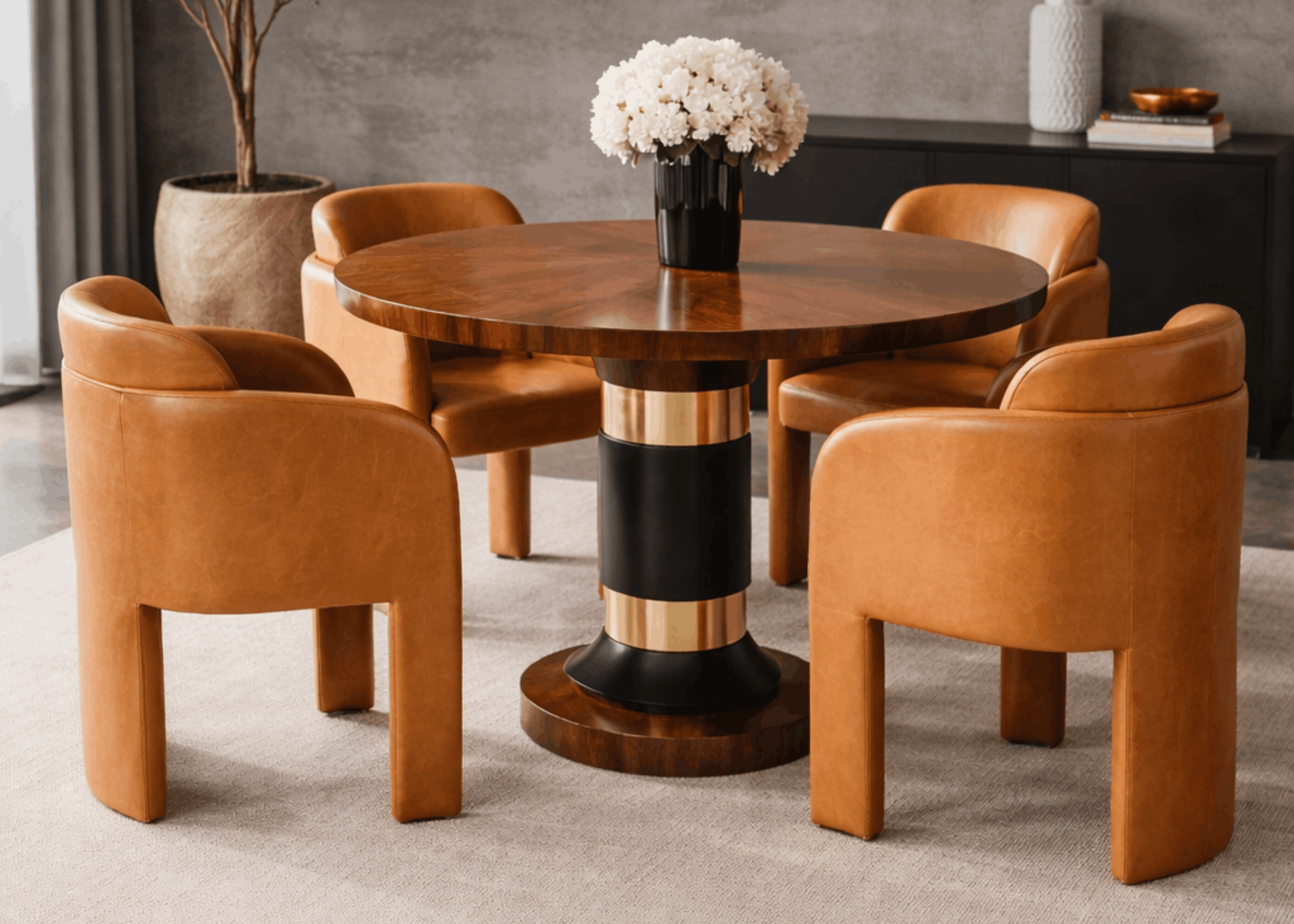 Cadeira Mozard estofada em ambiente de sala de jantar moderna com base em aço inox, design elegante que valoriza a decoração contemporânea.