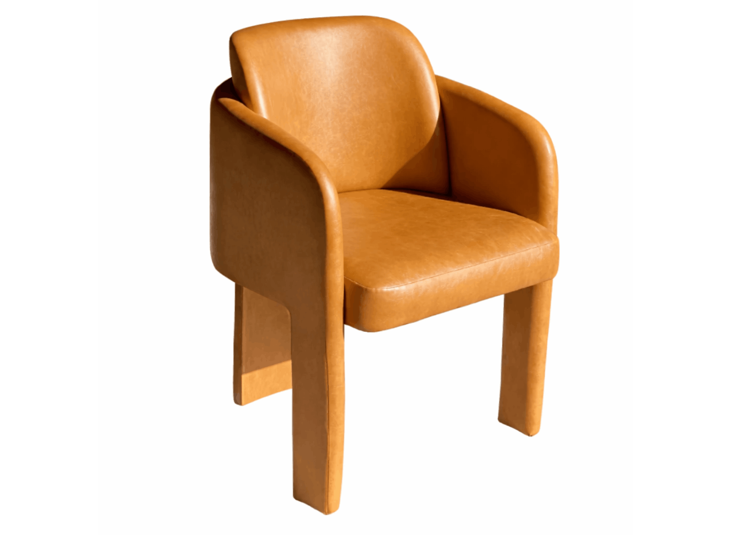 Cadeira Mozard estofada em tom caramelo com braços curvos e base em aço inox, design elegante e confortável para salas de jantar modernas.