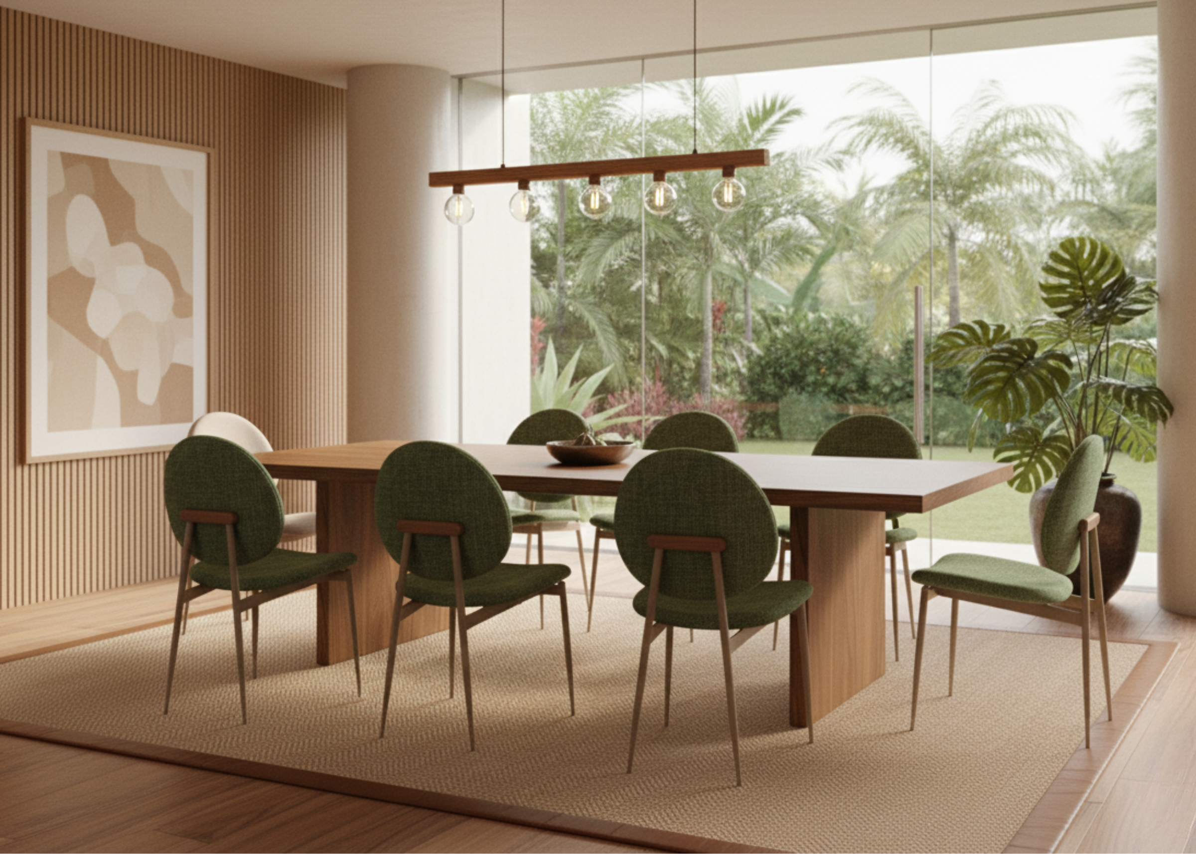 Cadeira Ovalis moderna, com revestimento em linho verde e base em aço carbono, ideal para compor salas de jantar com estilo e sofisticação.