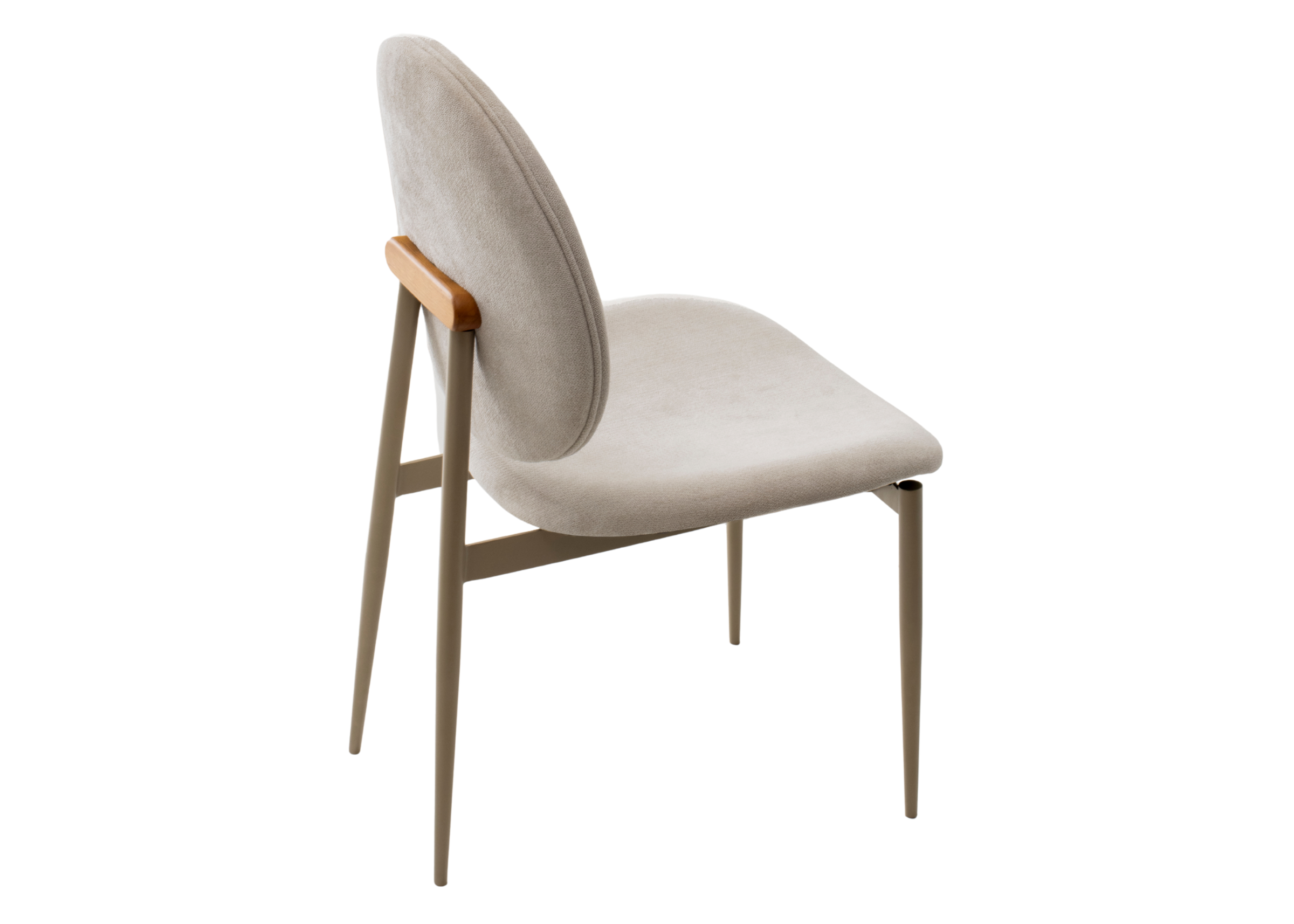 Cadeira modelo Ovalis com revestimento em veludo off white e base em aço carbono, design moderno e elegante, ideal para salas de jantar sofisticadas.