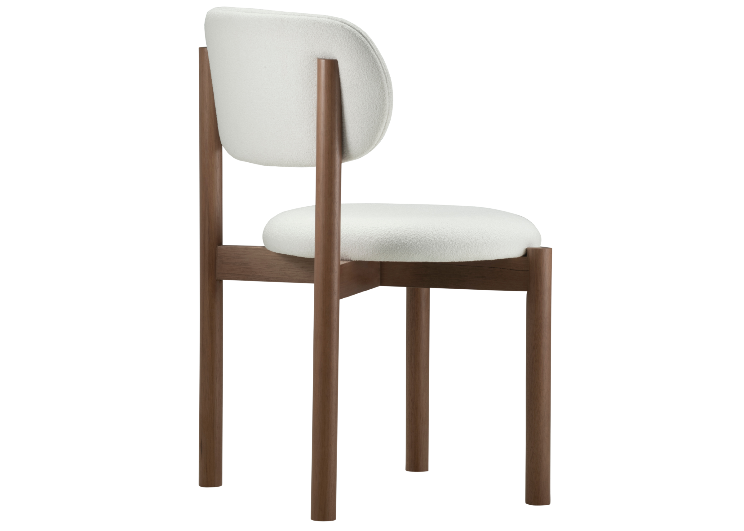 Cadeira Livia para sala de jantar com base amadeirada e estofado em tecido off-white. Móvel sofisticado e elegante para composições modernas.