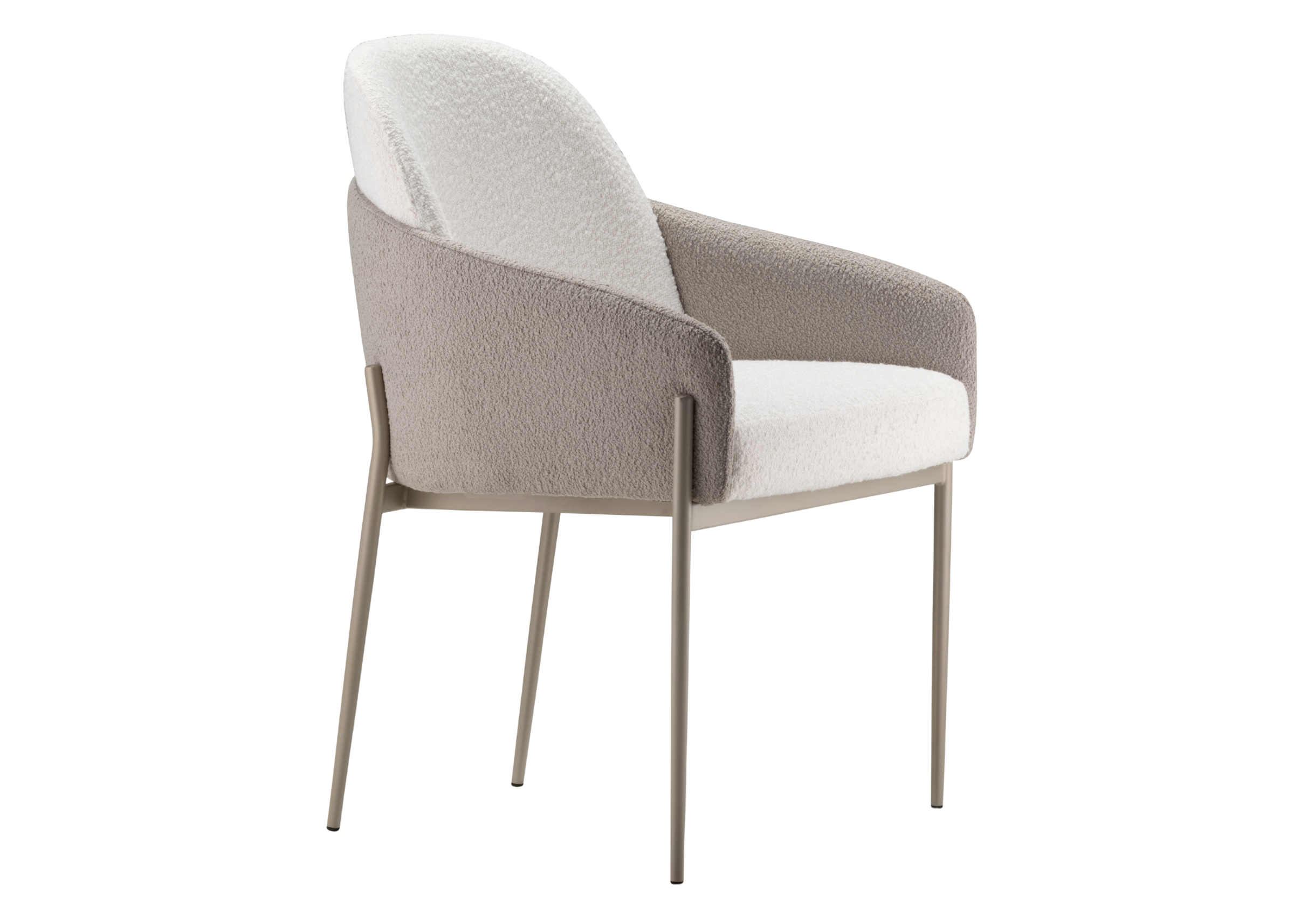Cadeira Camelia para sala de jantar, com design imponente e sofisticado, estofada em tecido bouclê off-white. Móvel elegante para composições refinadas.