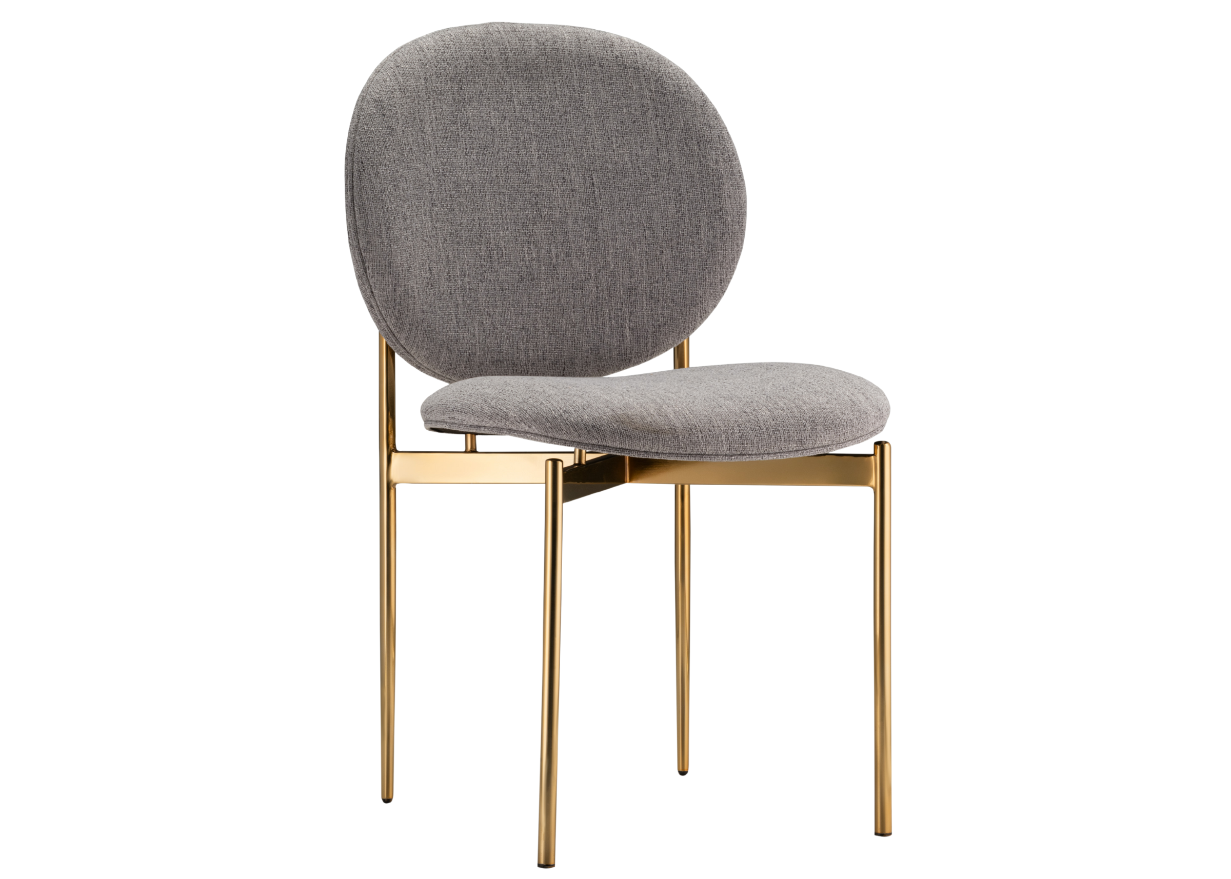 Cadeira Hayla para sala de jantar estofada em linho cinza com base dourada. Móvel sofisticado e elegante para composições modernas.