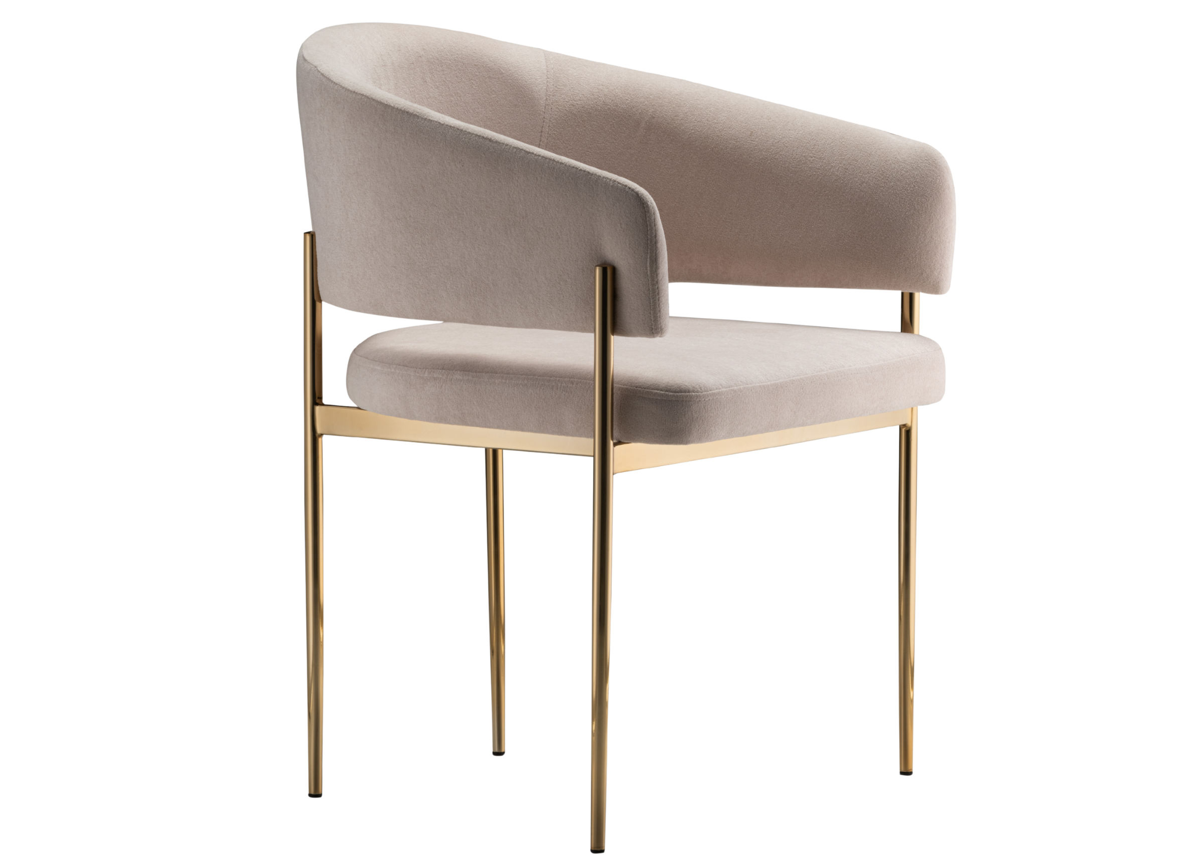 Cadeira Inara para sala de jantar com base dourada e design sofisticado. Móvel elegante e confortável para composições modernas e refinadas.