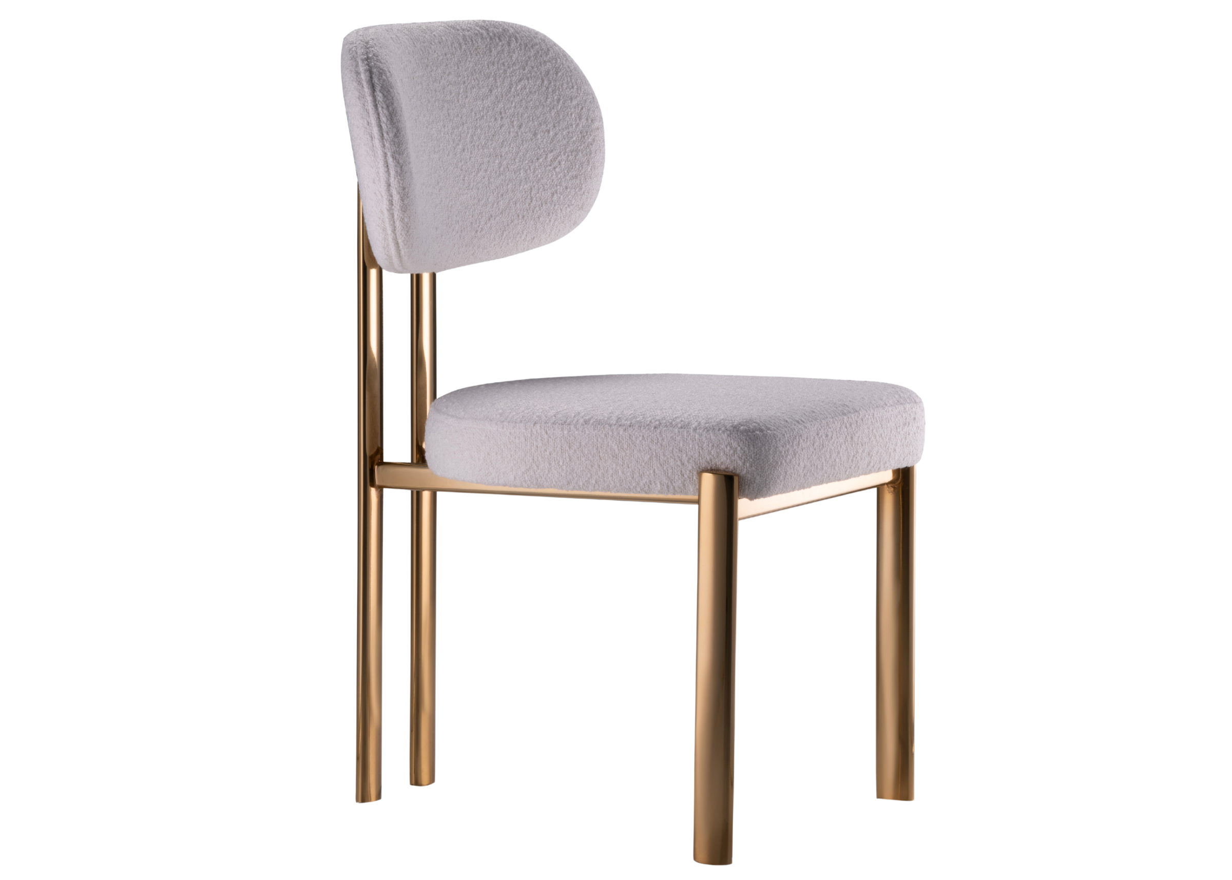 Cadeira Eloisa para sala de jantar estofada em tecido bouclê off-white. Móvel elegante e confortável para composições sofisticadas.