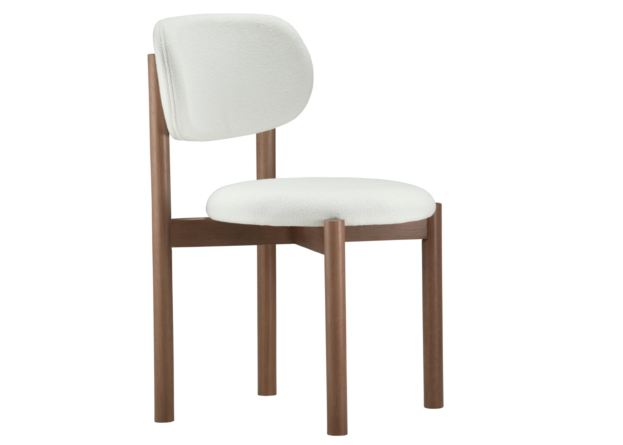 Cadeira Livia para sala de jantar estofada em tecido bouclê off-white. Móvel elegante e confortável para composições sofisticadas.