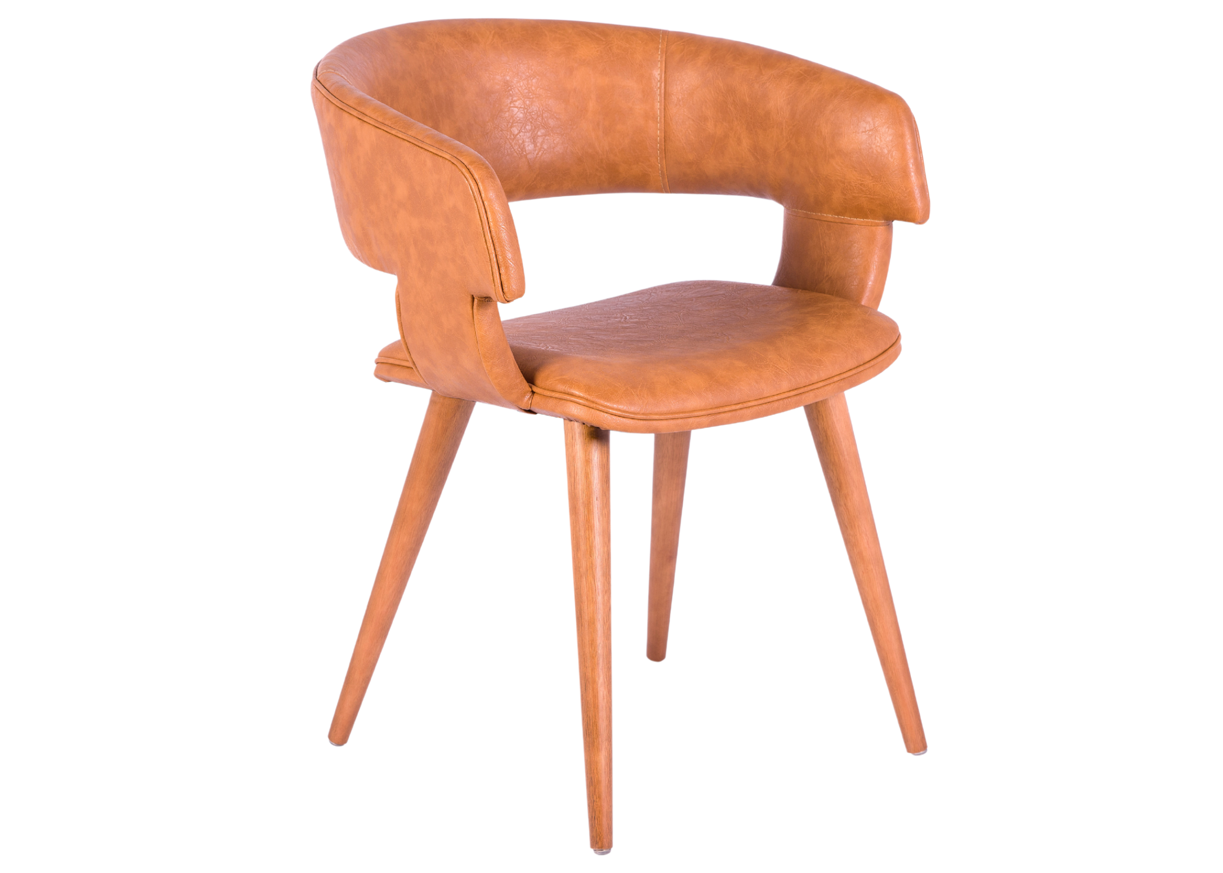 Cadeira de sala de jantar Valentina estofada em couríssimo caramelo, unindo sofisticação e conforto ao ambiente.
