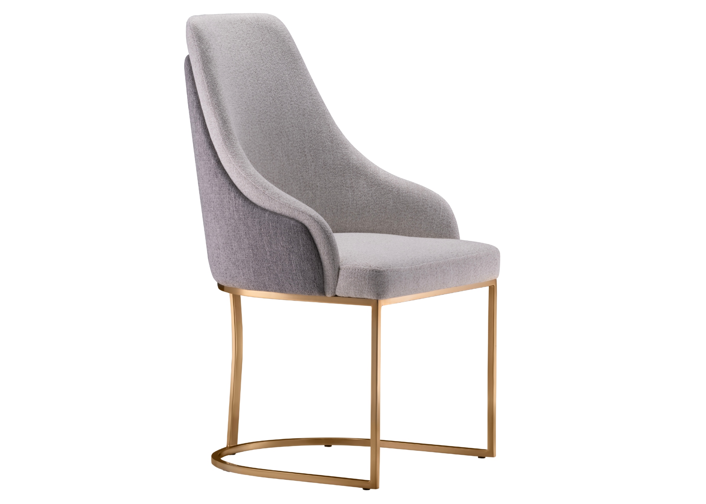 Cadeira Conde para sala de jantar estofada em tecido linho cinza com base dourada. Móvel sofisticado e elegante para composições modernas.