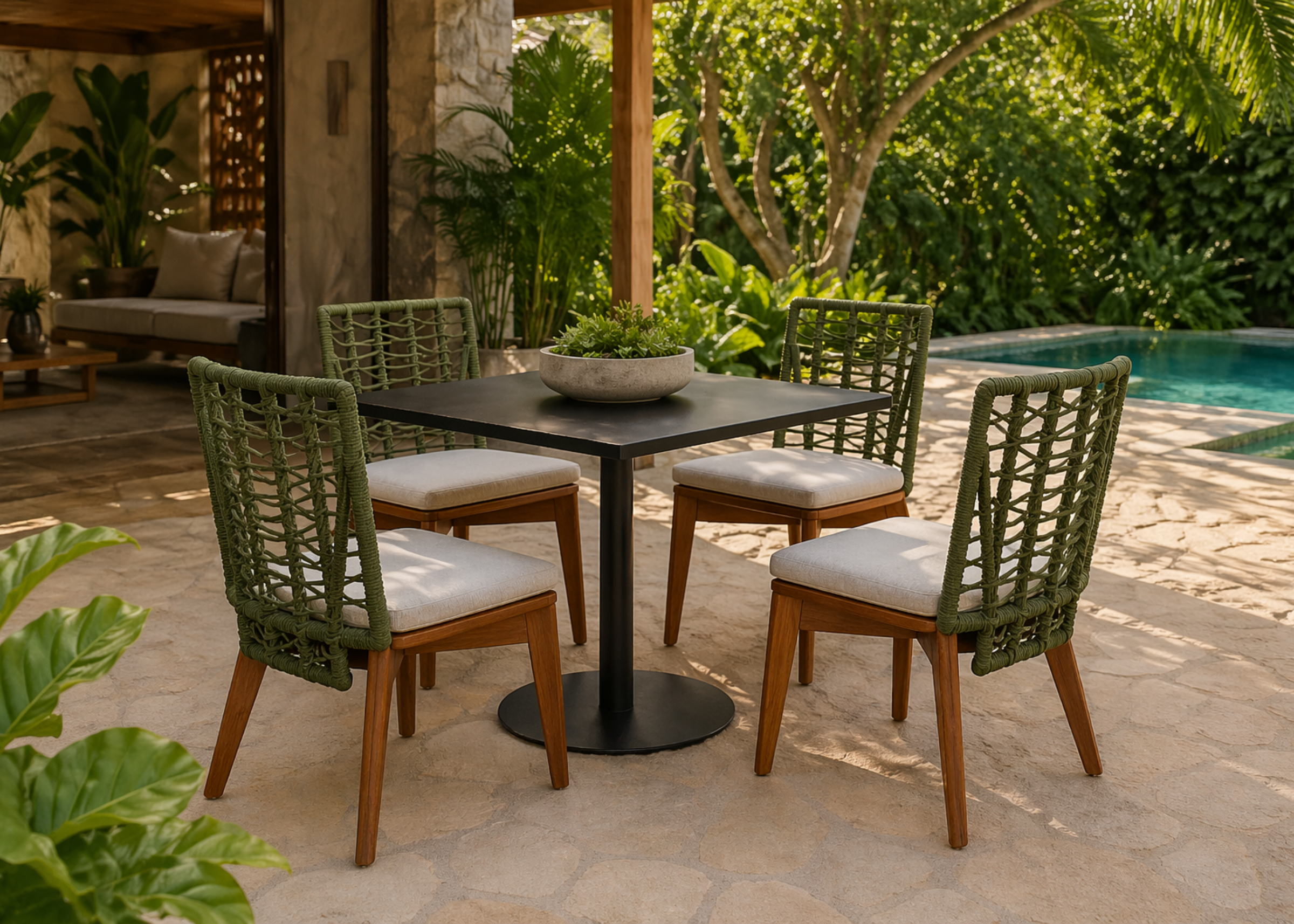 Cadeira Ventania para área externa com corda náutica e madeira cumaru, apresentando design moderno e resistente, ideal para compor espaços externos sofisticados.

