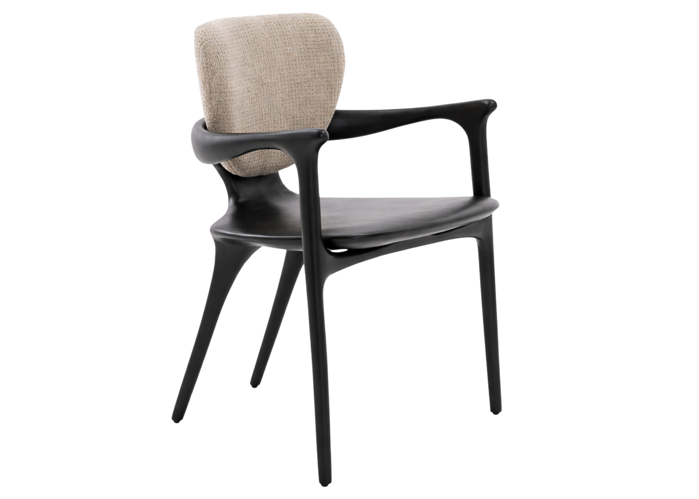Cadeira Vértice com acabamento em lâmina de madeira tingida ebanizado e encosto estofado, unindo elegância, conforto e design sofisticado.