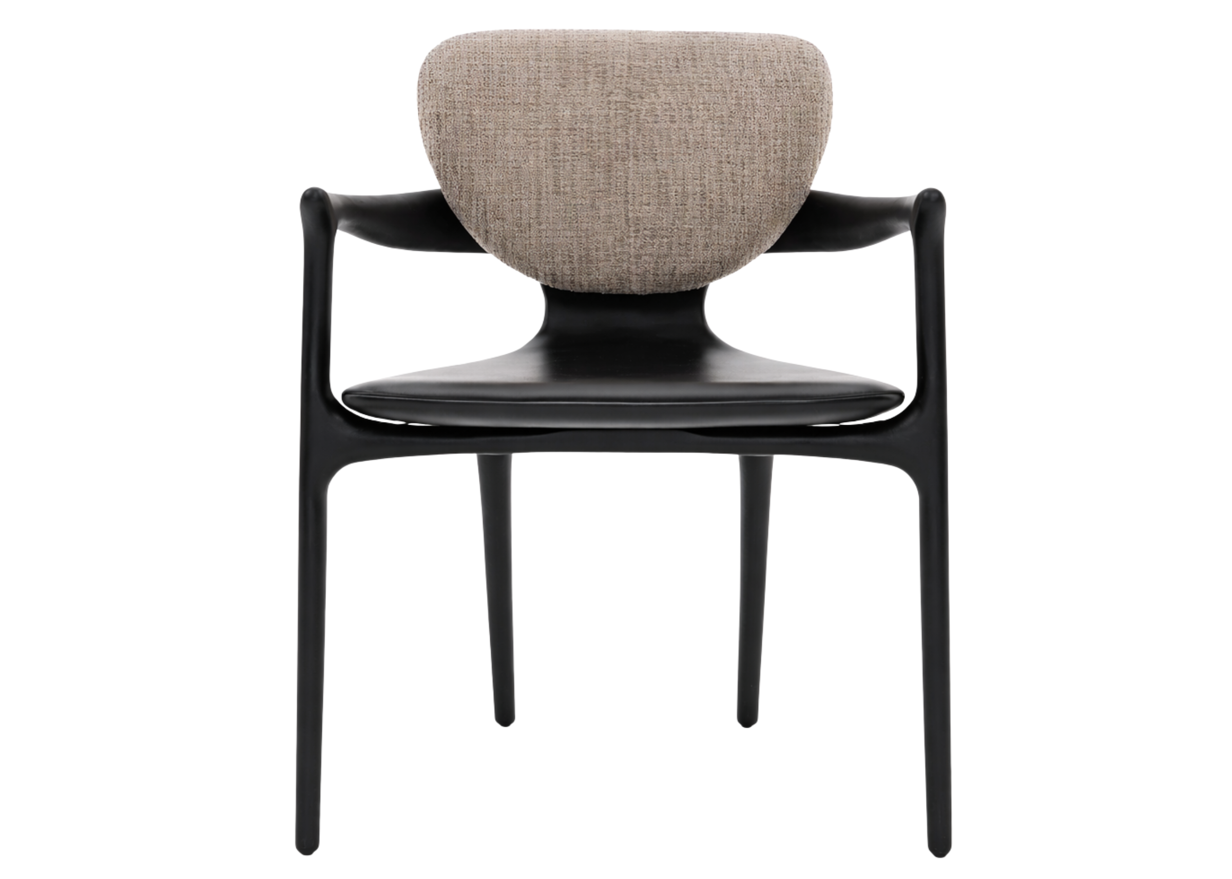 Cadeira Vértice em vista frontal, com encosto estofado e base laminada, unindo elegância, conforto e design contemporâneo.