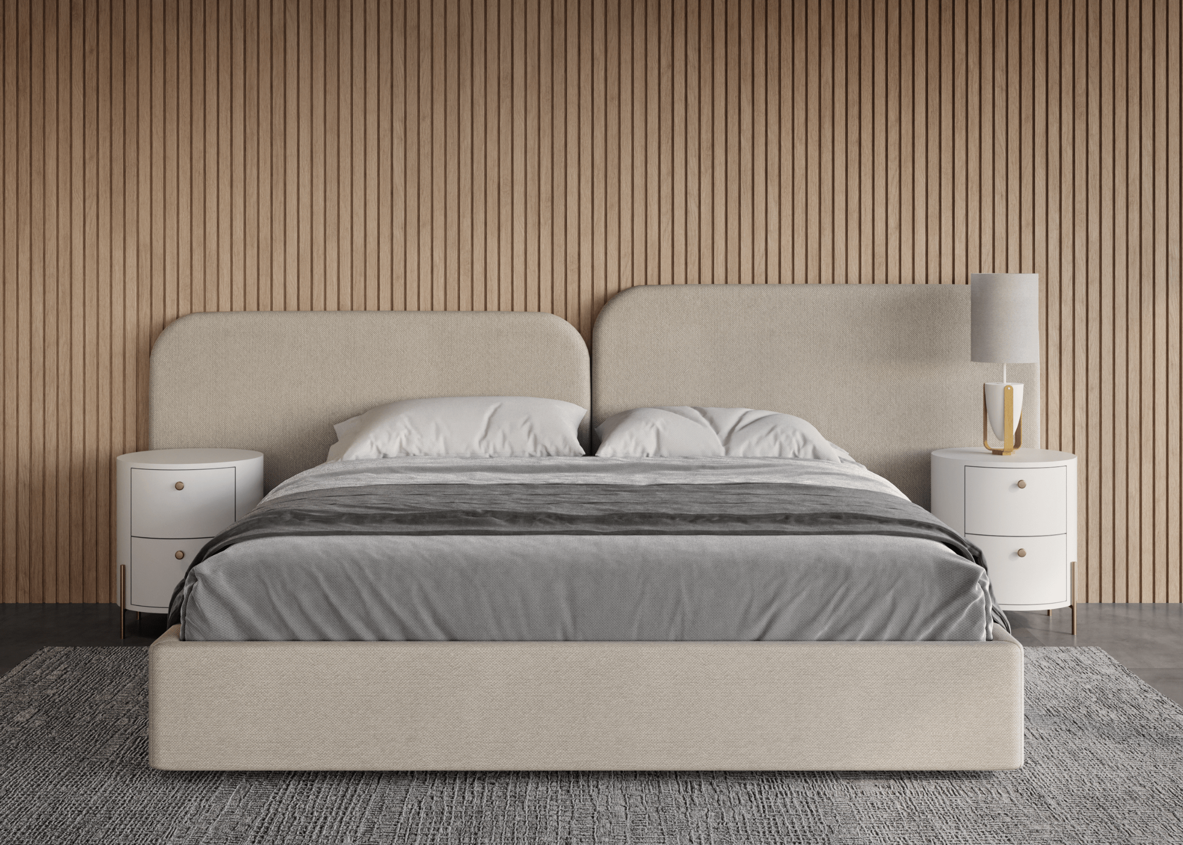 Cama Piuma com base e cabeceira estofadas em tecido bouclê, ambiente sofisticado. Móvel elegante e confortável para dormitórios contemporâneos.