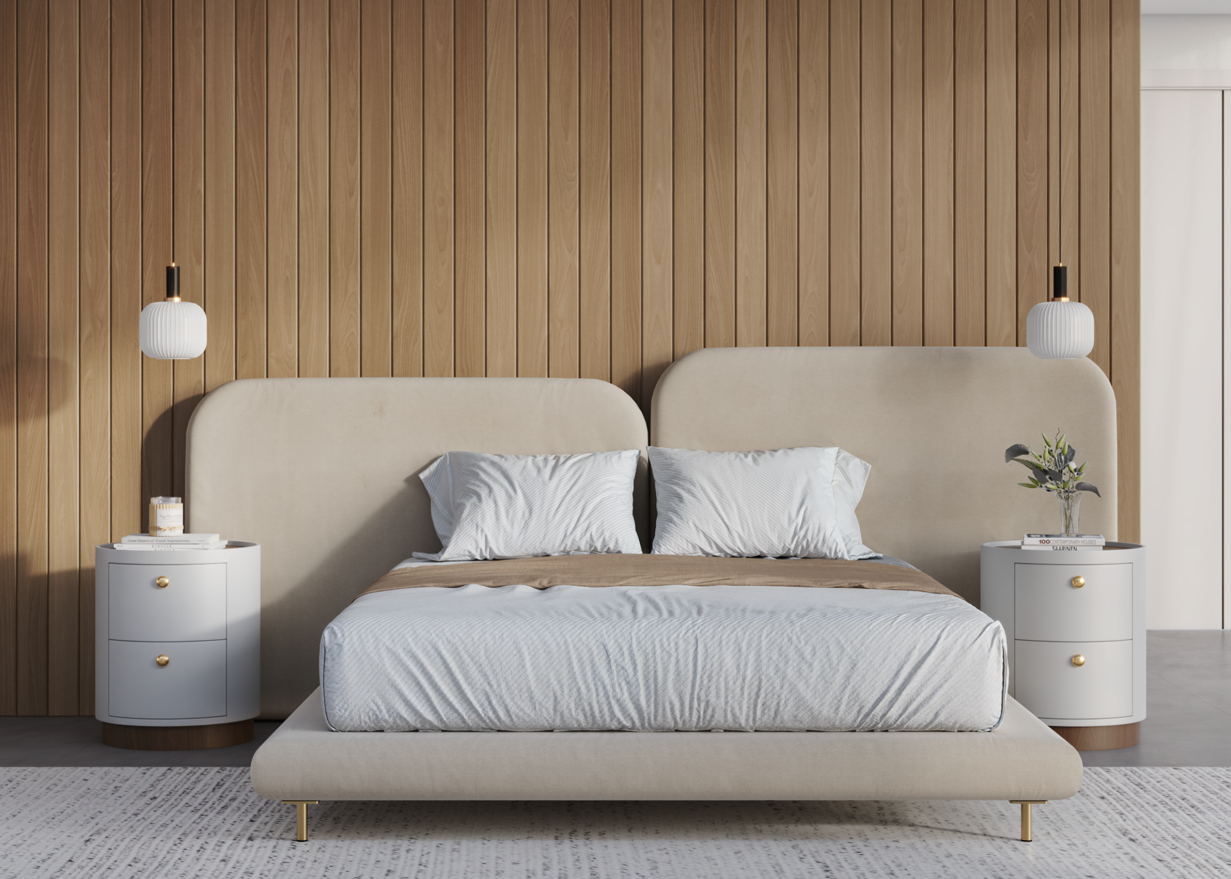 Cama Sonno com base e cabeceira estofadas em tecido bouclê, ambientada. Móvel elegante e acolhedor para dormitórios sofisticados.