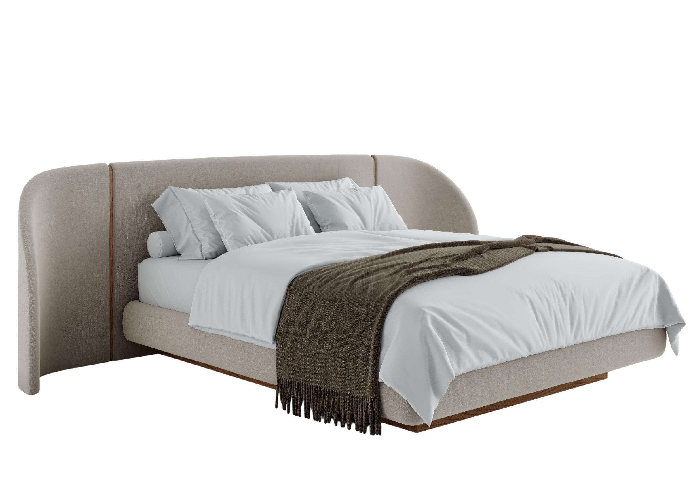 Cama Chloe com cabeceira curvada, apresentando design elegante e sofisticado, ideal para compor quartos modernos e acolhedores.
