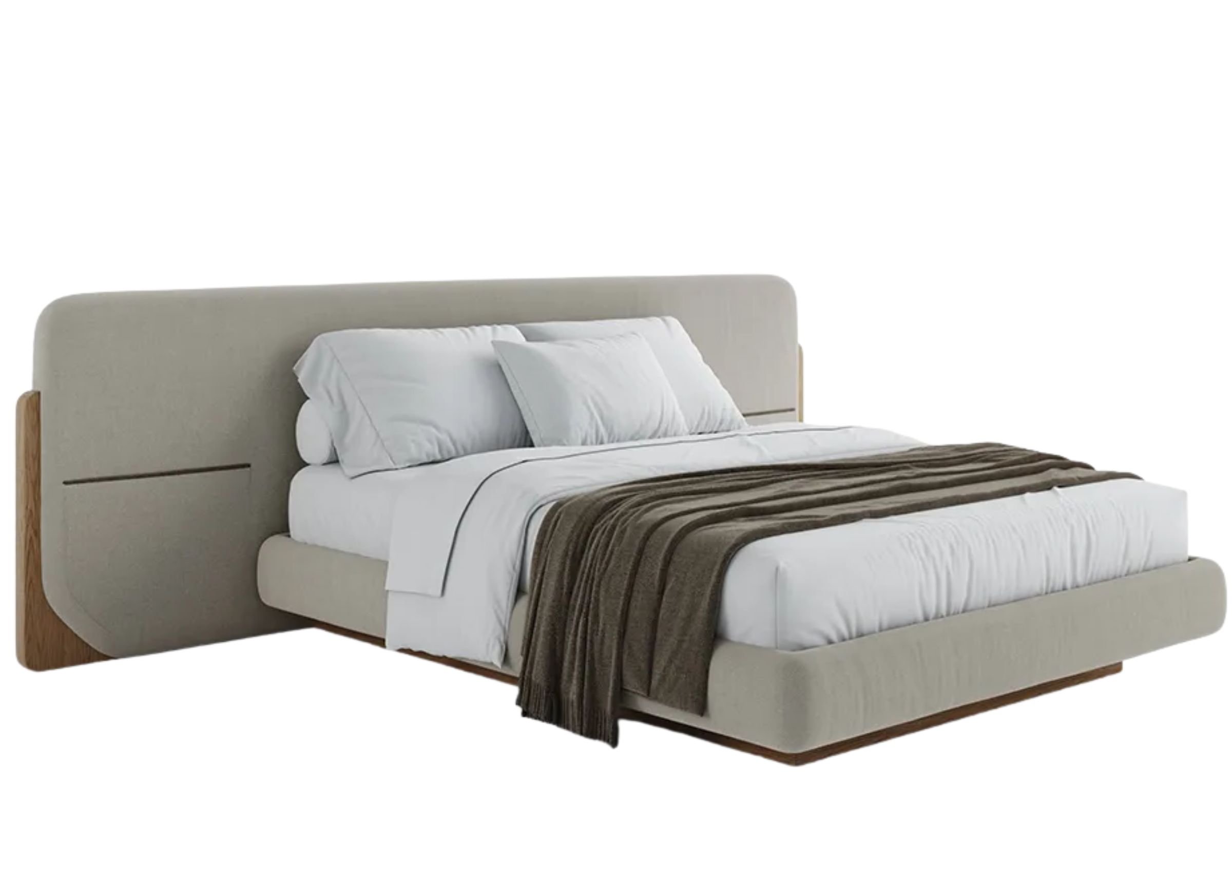 Cama Donatello com cabeceira e detalhes em lâmina de madeira, apresentando design luxuoso e sofisticado, ideal para compor quartos elegantes e contemporâneos.