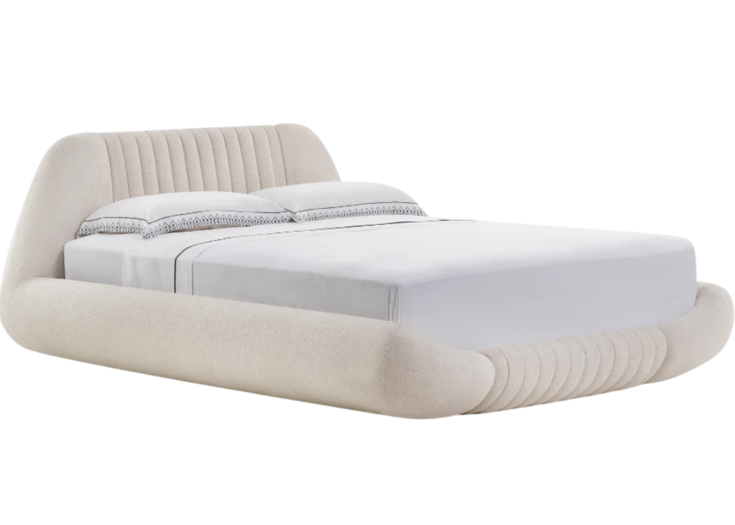 Cama Jubarte com design elegante e confortável, revestida em tecido boucle off white, ideal para quartos sofisticados e acolhedores.