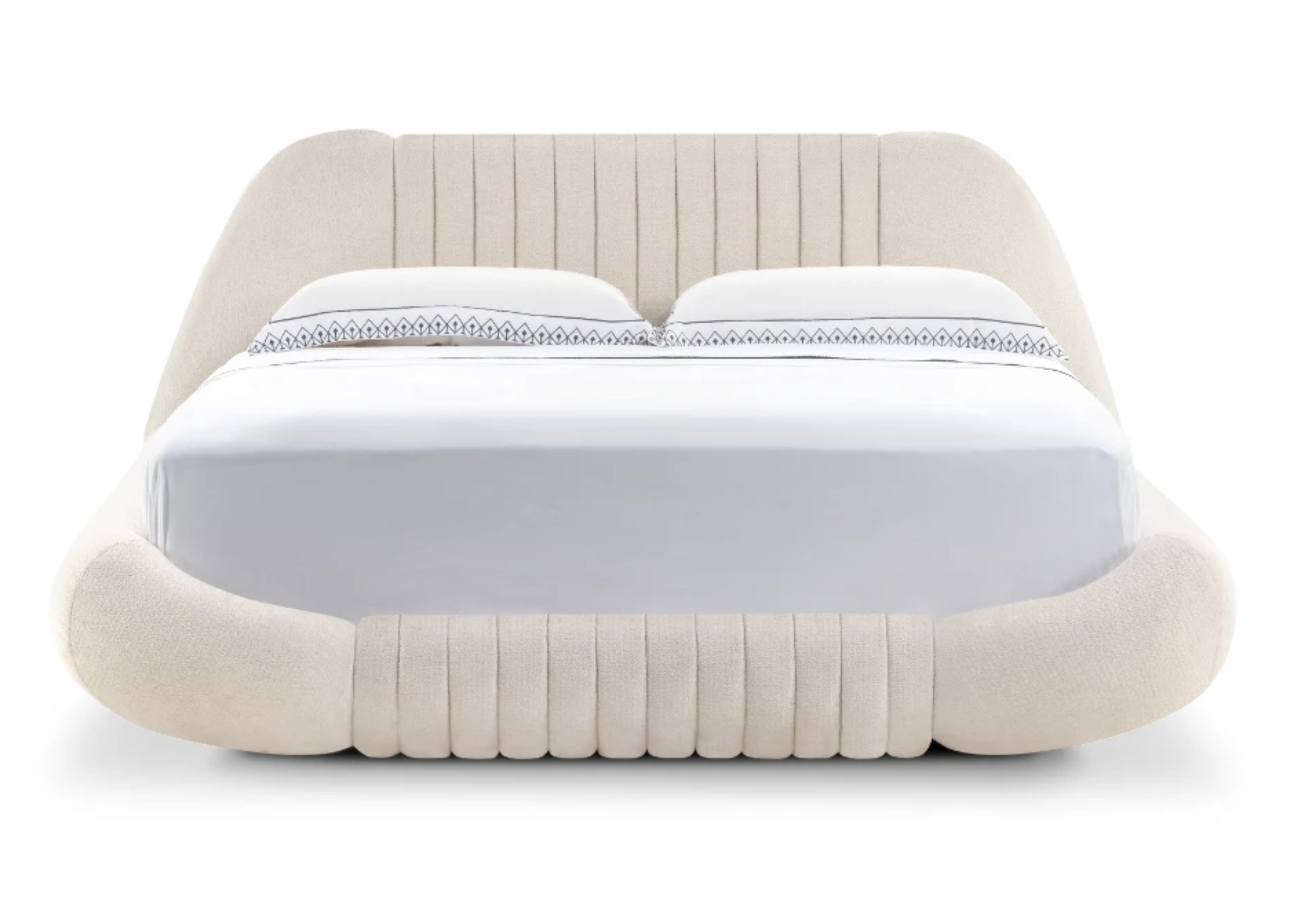 Cama Jubarte com detalhes encantadores e revestimento em tecido boucle off white, ideal para quartos elegantes e acolhedores.