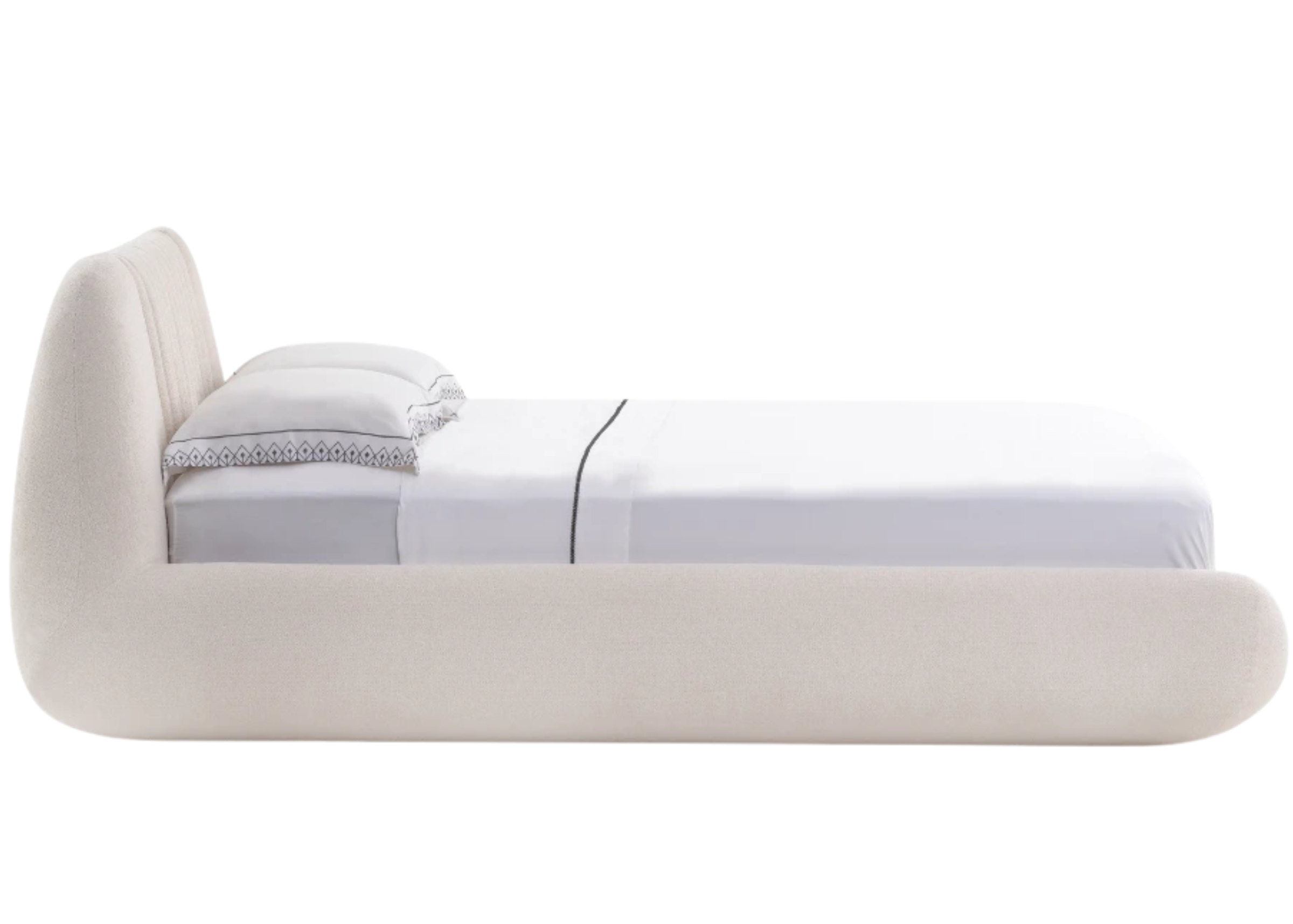 Cama Jubarte sofisticada com revestimento off white e design elegante, ideal para quartos modernos e ambientes aconchegantes.