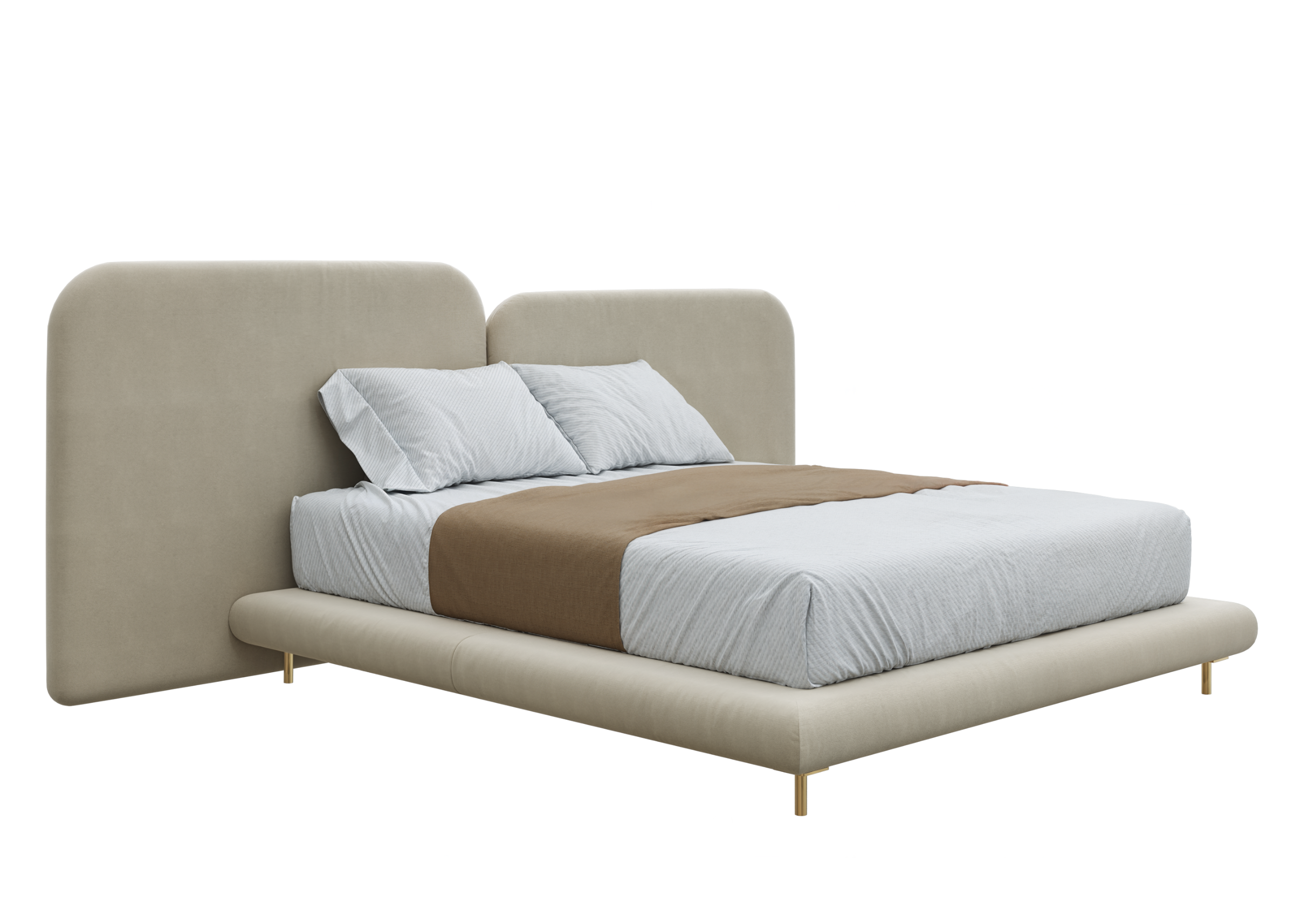 Cama Sonno com colchão sobreposto, base e cabeceira elegantes, apresentando design sofisticado e contemporâneo, ideal para compor quartos modernos e refinados.