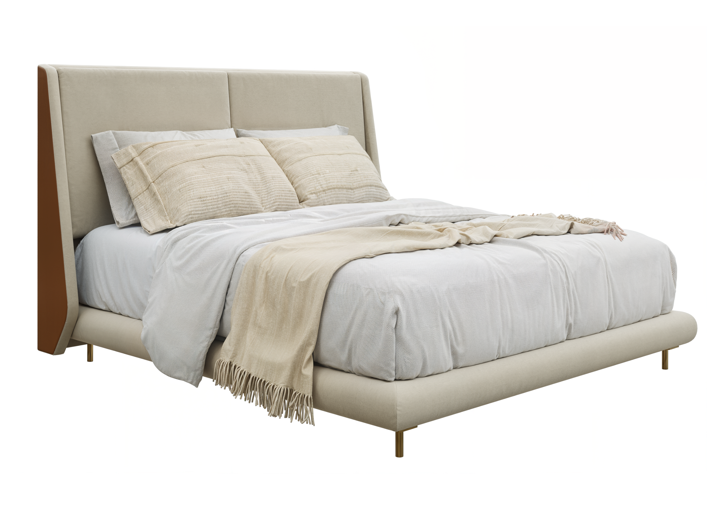 Cama Zayn com base e pés em aço carbono e cabeceira estofada, apresentando design elegante e sofisticado, ideal para compor quartos modernos e refinados.