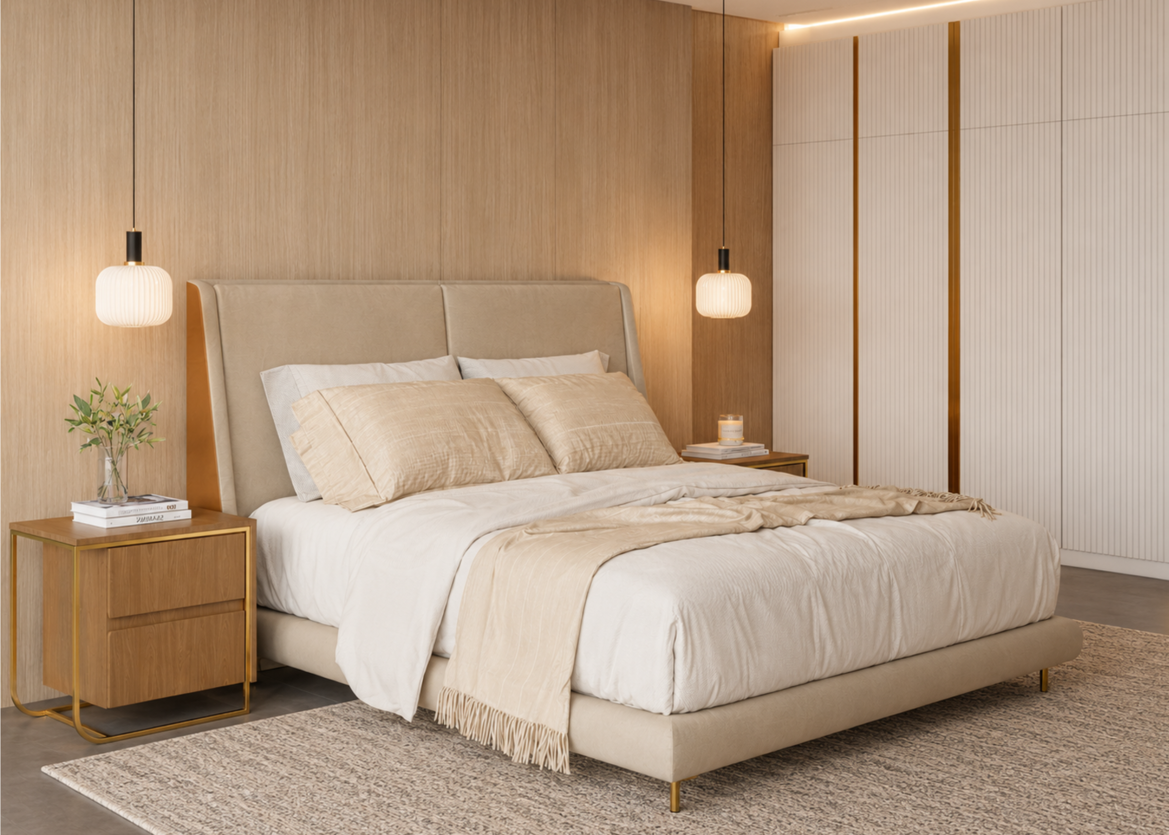 Cama Zayn em quarto elegante e sofisticado, apresentando design contemporâneo e acabamento refinado, ideal para compor ambientes modernos e acolhedores.