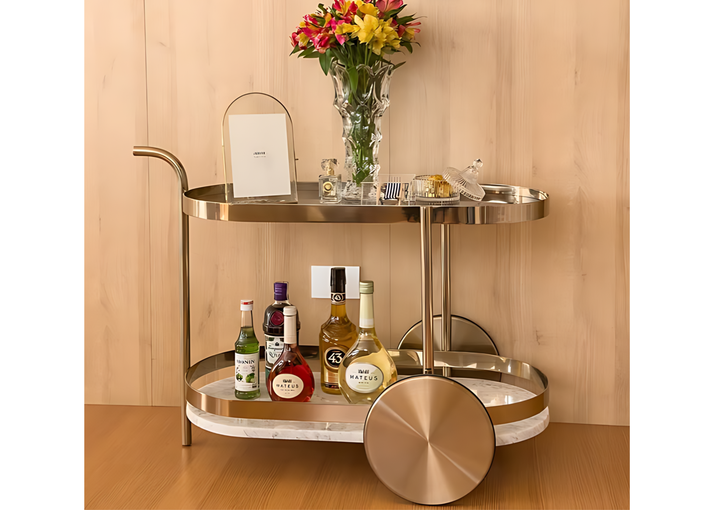 Carrinho de bar Calla em aço inox dourado golden, que une sofisticação e funcionalidade. Ideal para organizar bebidas e acessórios com elegância, tornando o ambiente mais moderno e requintado.