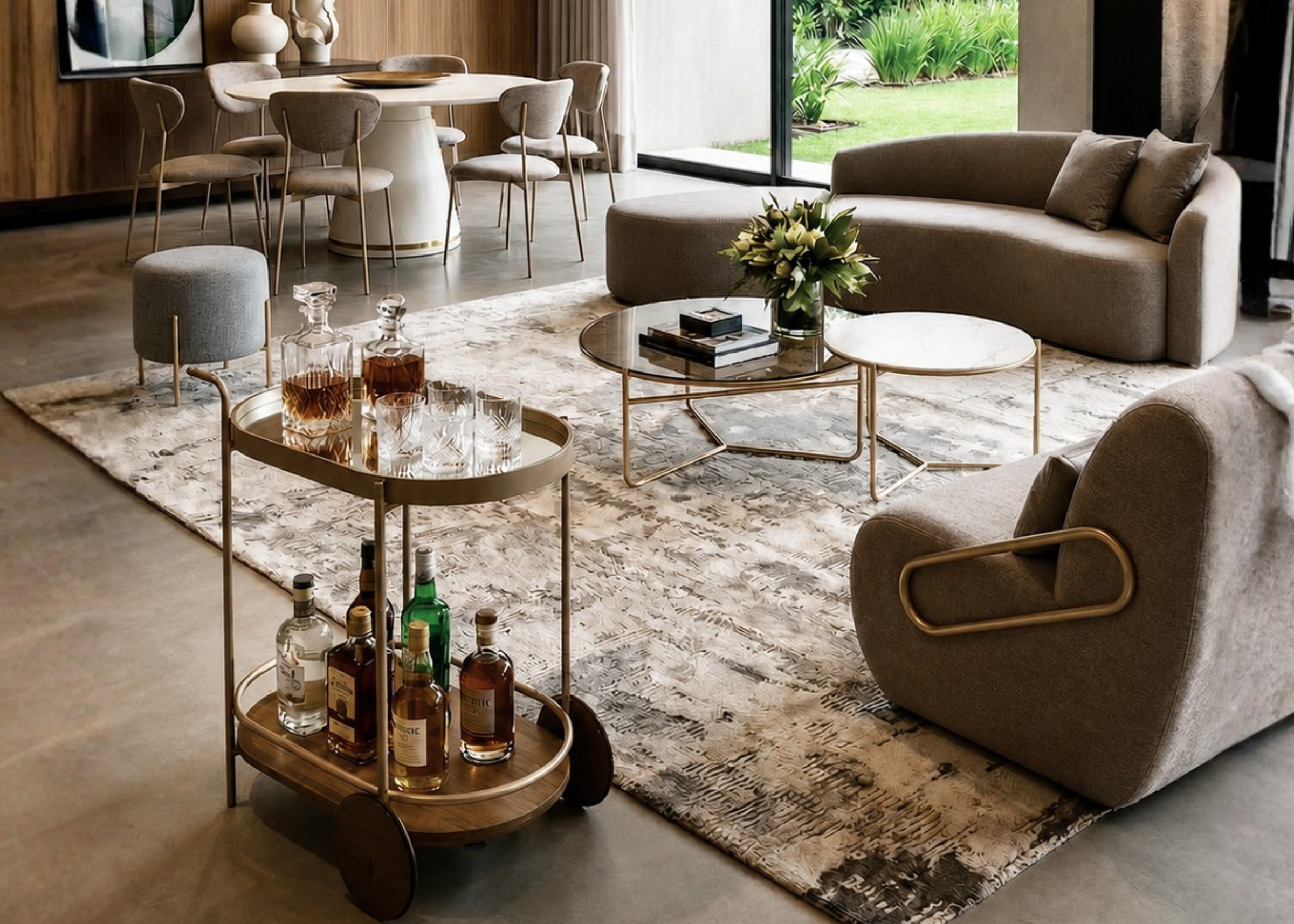Carrinho bar Chloe em sala de jantar sofisticada, apresentando design elegante e contemporâneo, ideal para compor ambientes refinados e acolhedores.