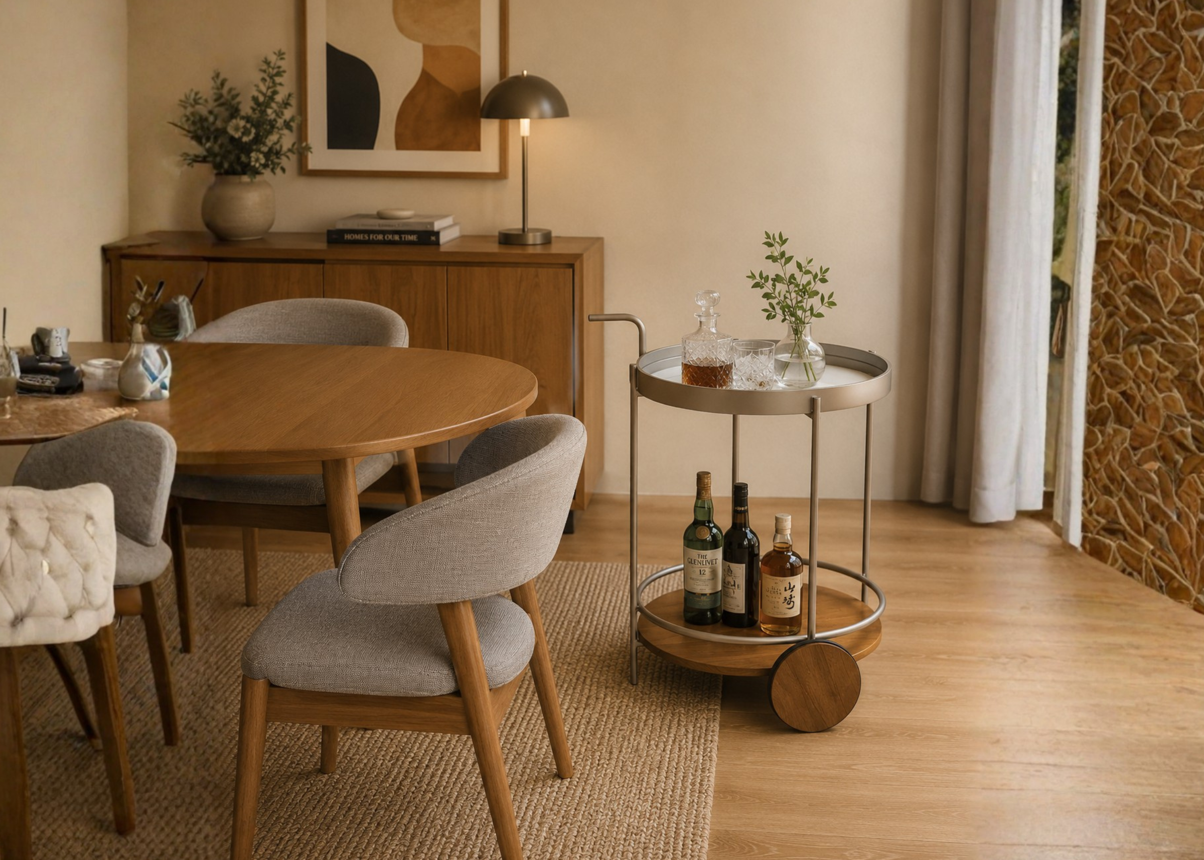 Carrinho bar Chloe em sala de jantar sofisticada, apresentando design elegante e contemporâneo, ideal para compor ambientes refinados e acolhedores.