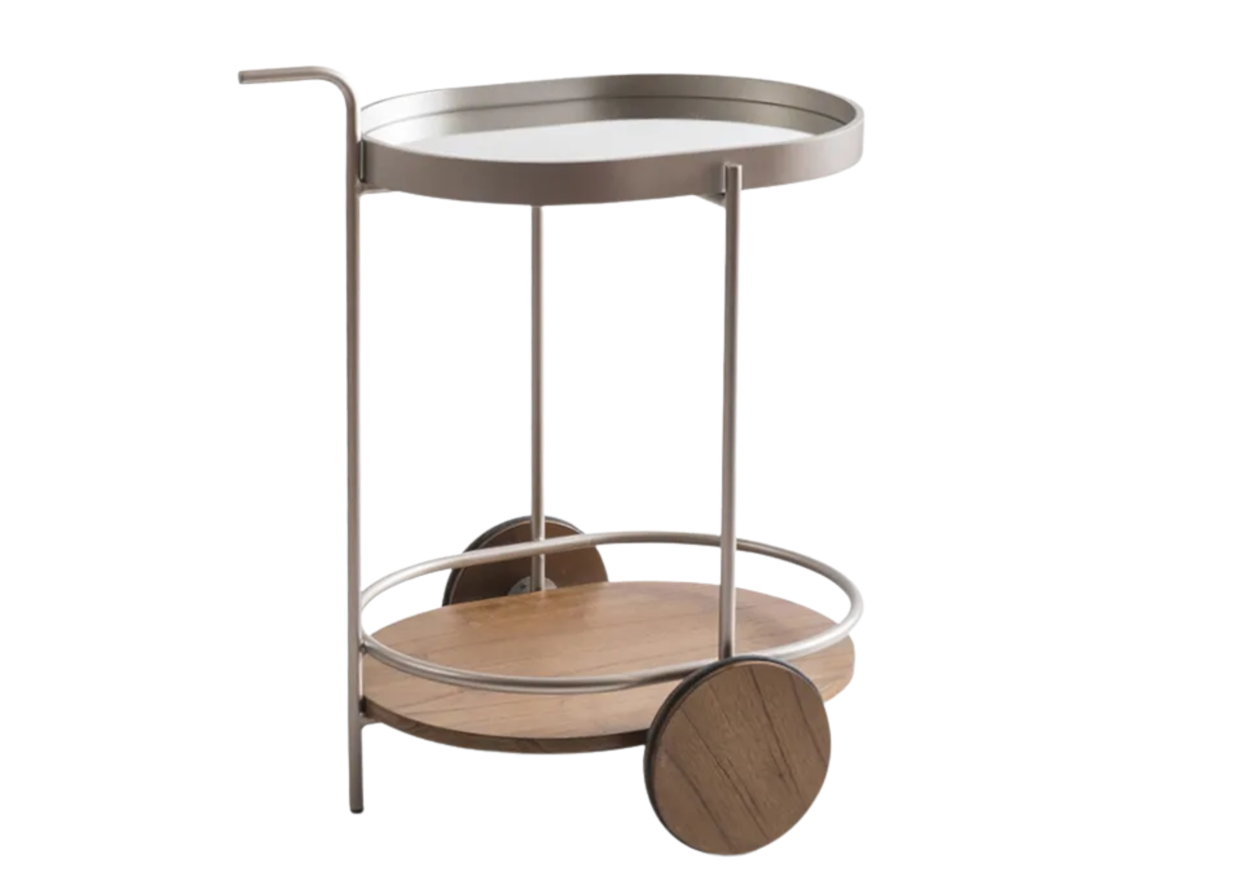 Carrinho bar Chloe com tampo espelho e base em aço carbono, apresentando design elegante e sofisticado, ideal para compor ambientes modernos e refinados.