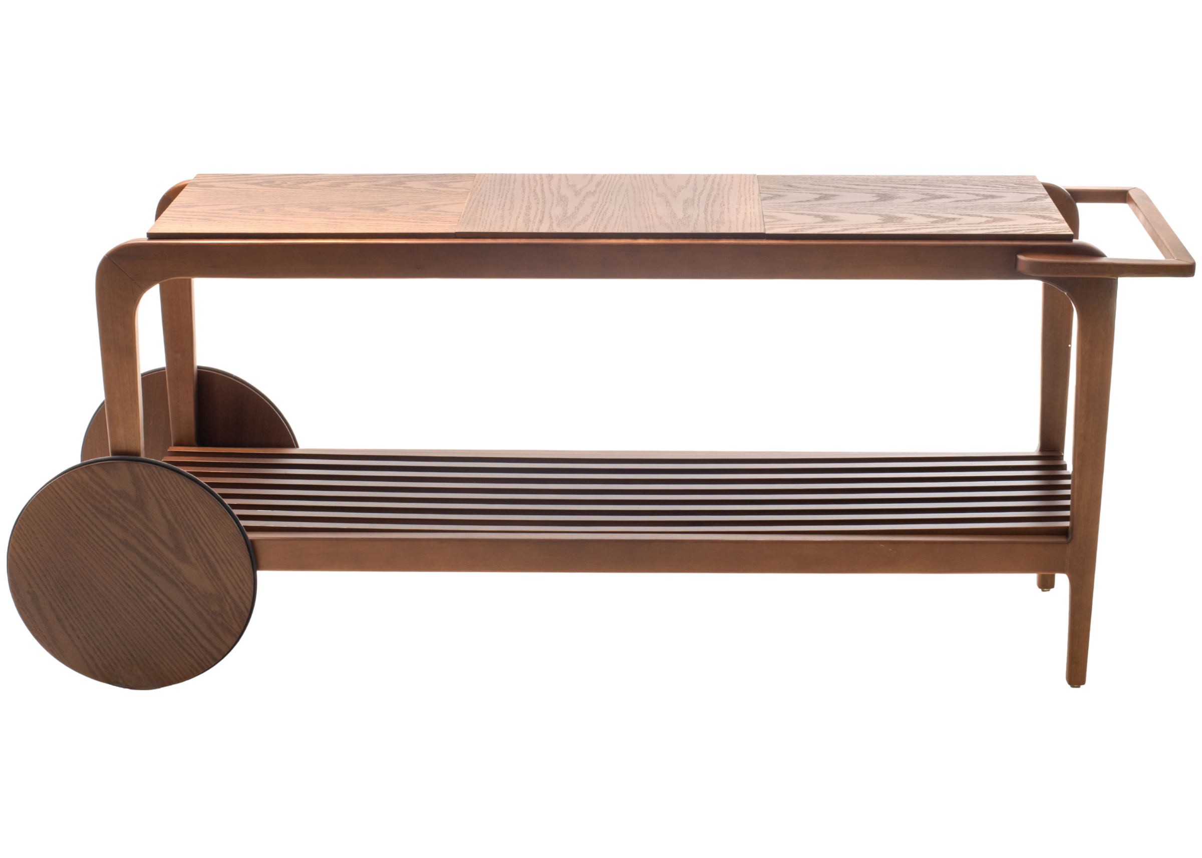 Carrinho bar grande modelo Ninho, confeccionado em madeira com detalhe ripado, ideal para compor salas de jantar contemporâneas.