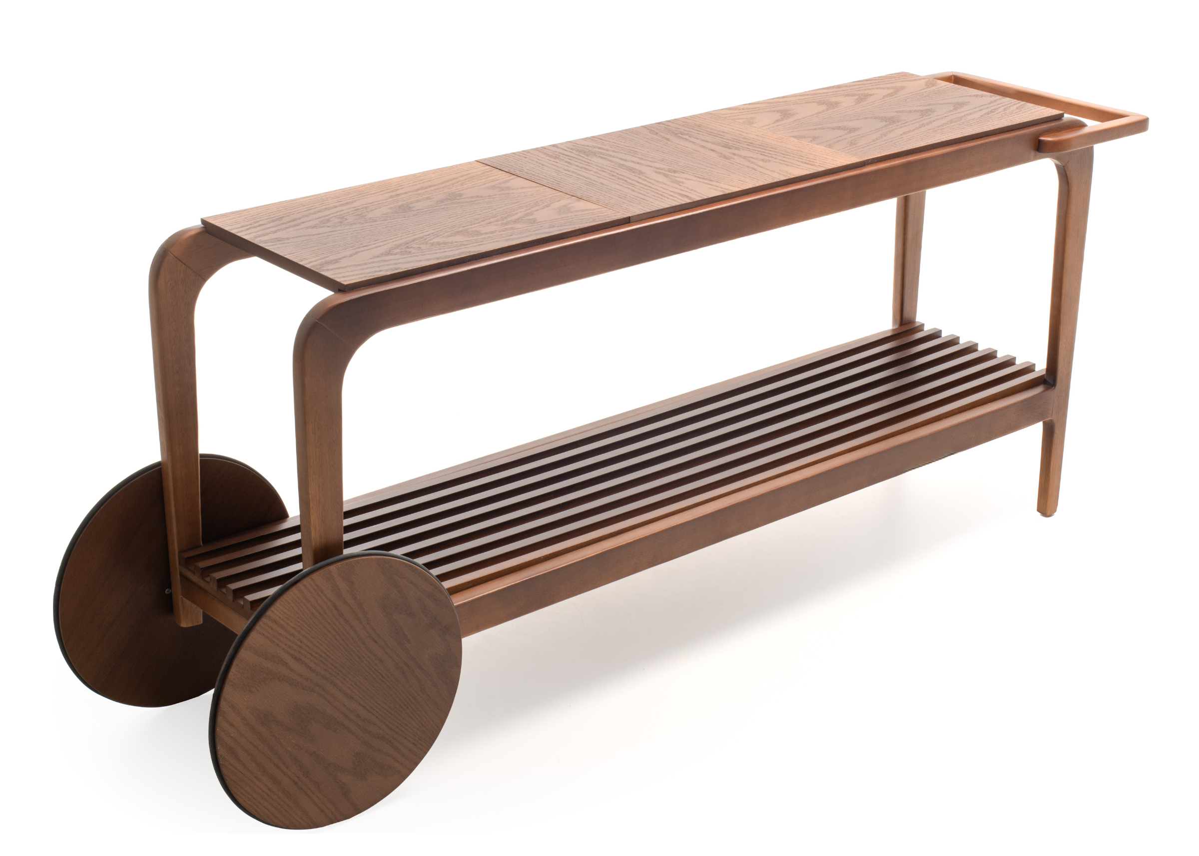 Carrinho bar modelo Ninho, produzido em madeira cinamomo/nogueira, com detalhe ripado e design contemporâneo para salas de estar ou jantar.