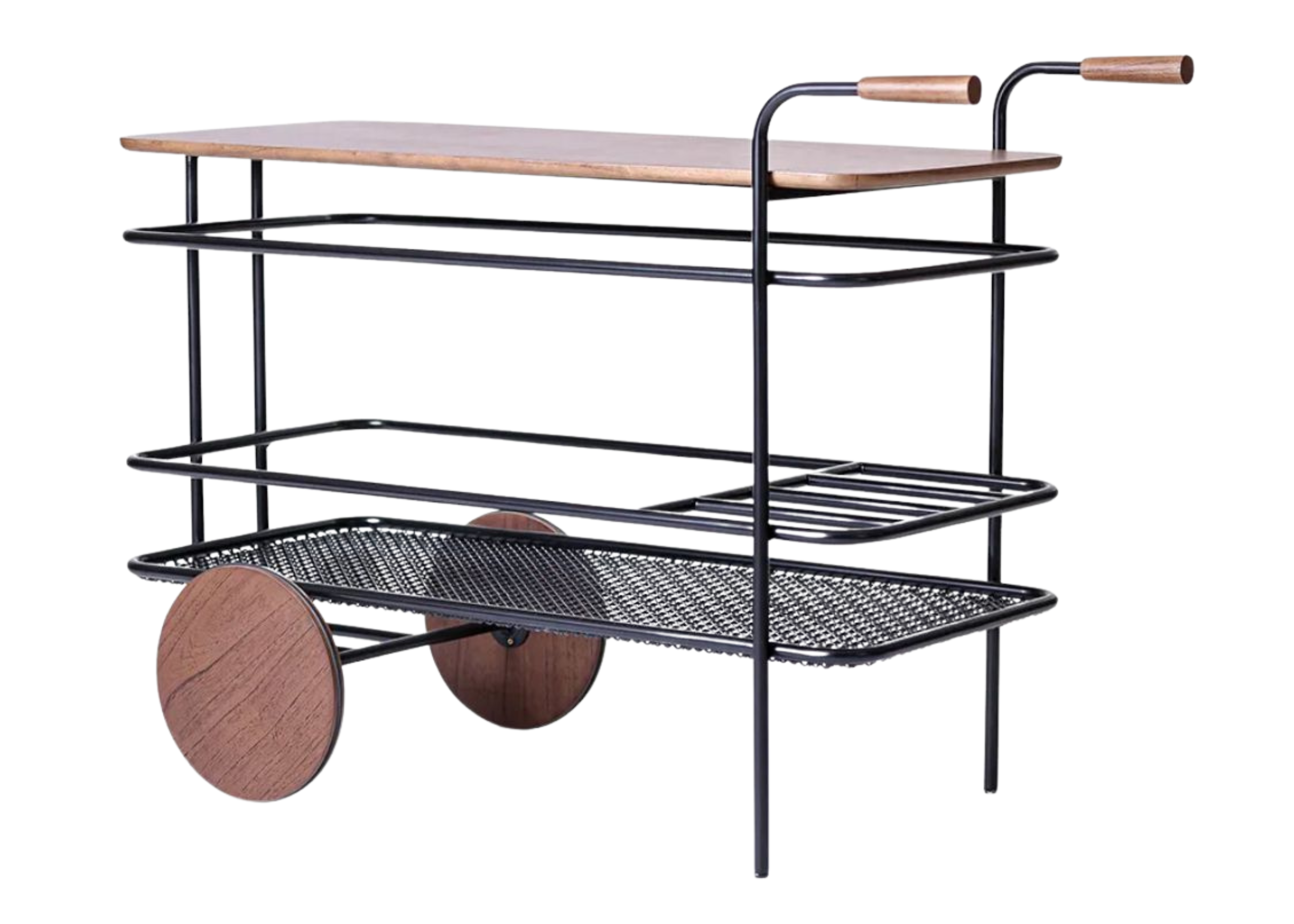 Carrinho bar com design modernista, estrutura em aço carbono na cor preta e prateleiras funcionais. Peça elegante e versátil para compor ambientes sofisticados, apresentada sobre fundo neutro.