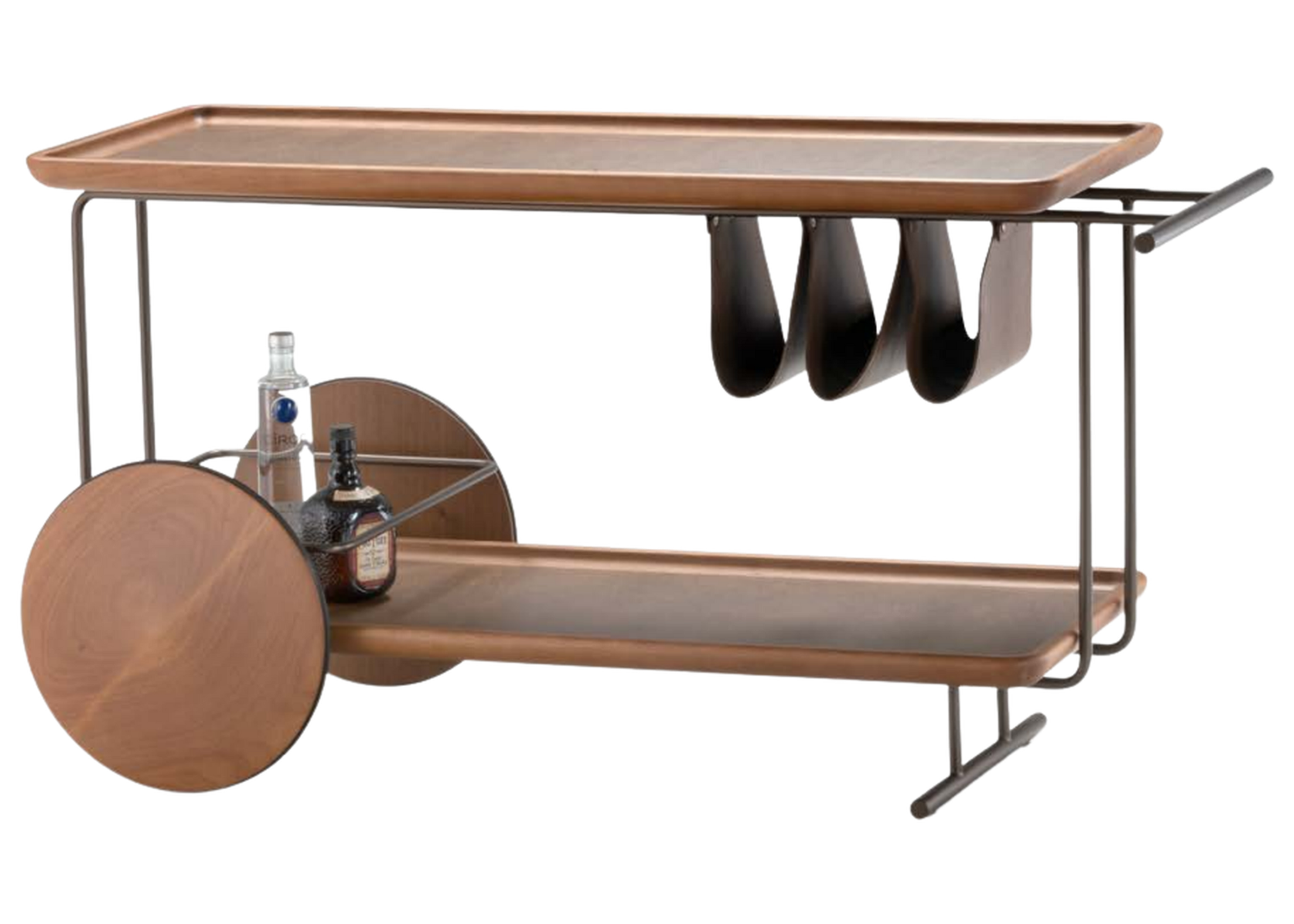 Carrinho bar modelo Sommelier com bandeja em madeira e porta-vinhos em couro natural, design moderno e funcional, ideal para compor ambientes elegantes e contemporâneos.