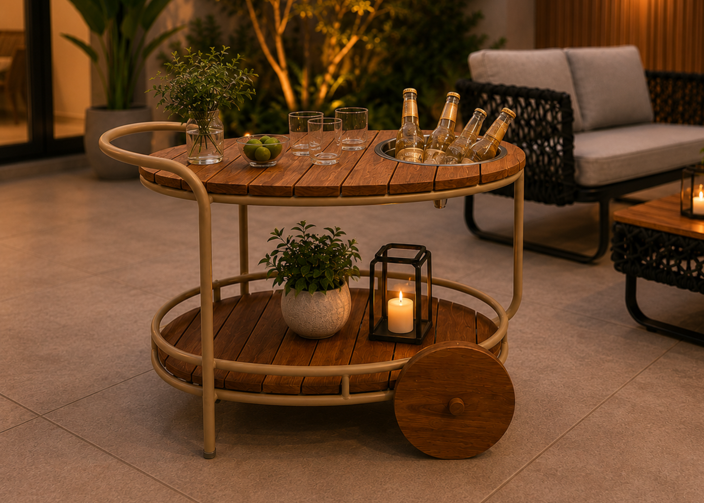 Carrinho bar Terrace para área externa com estrutura em alumínio e detalhes em madeira cumaru, apresentando design contemporâneo e resistente.