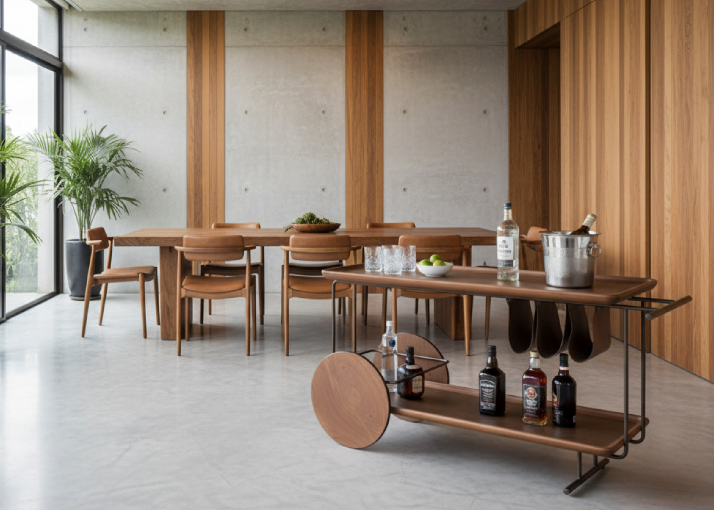 Carrinho bar modelo Sommelier com acabamento laqueado e detalhe em couro natural, design moderno e sofisticado, ideal para salas de jantar elegantes.