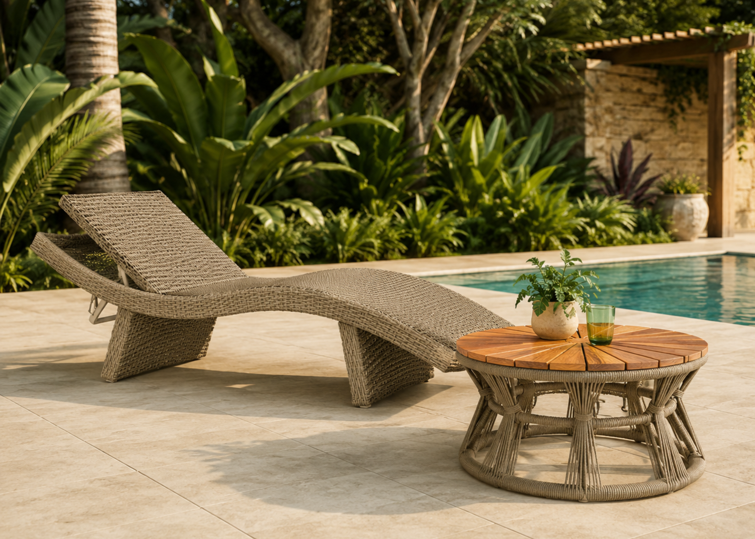 Chaise Capri com estrutura em alumínio pintado e revestimento em corda náutica, ideal para compor áreas externas modernas e elegantes.