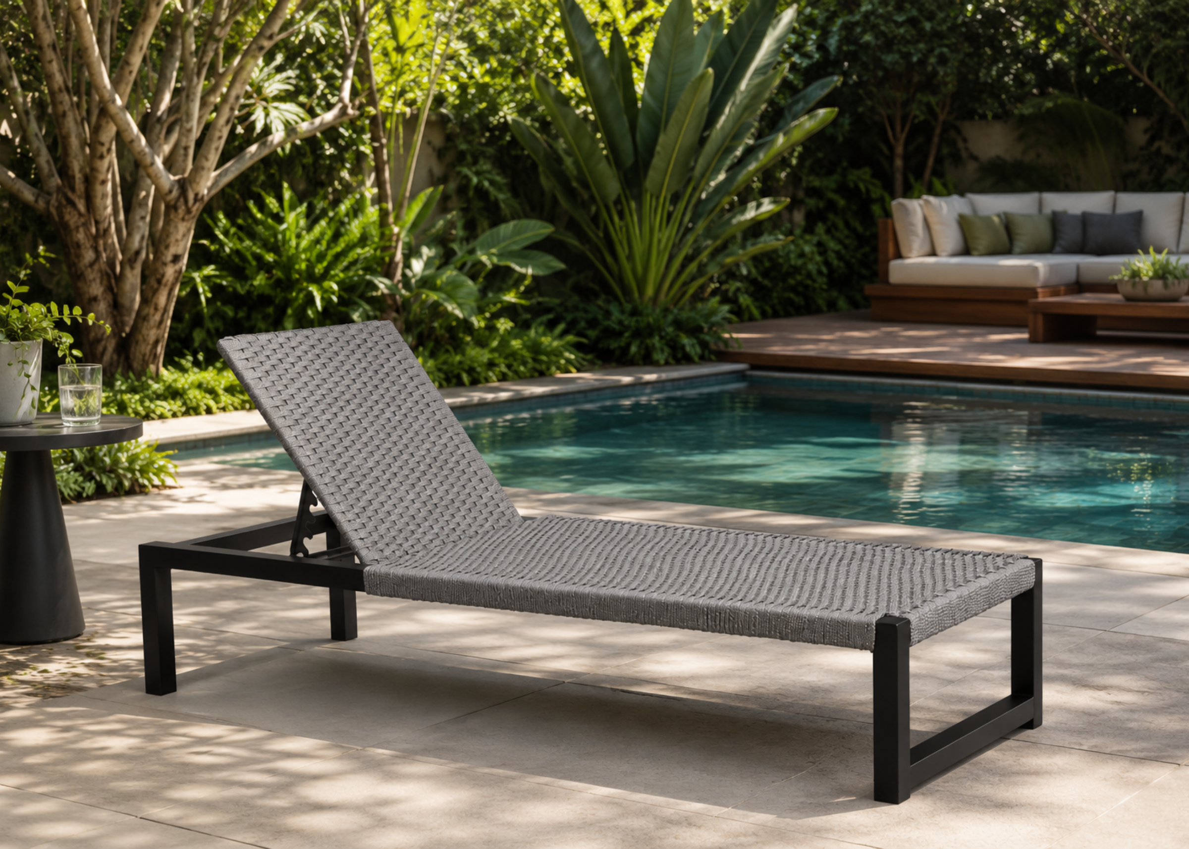 Chaise Hamma em alumínio pintado com encosto em corda náutica para área externa, ideal para compor espaços elegantes e acolhedores ao ar livre.