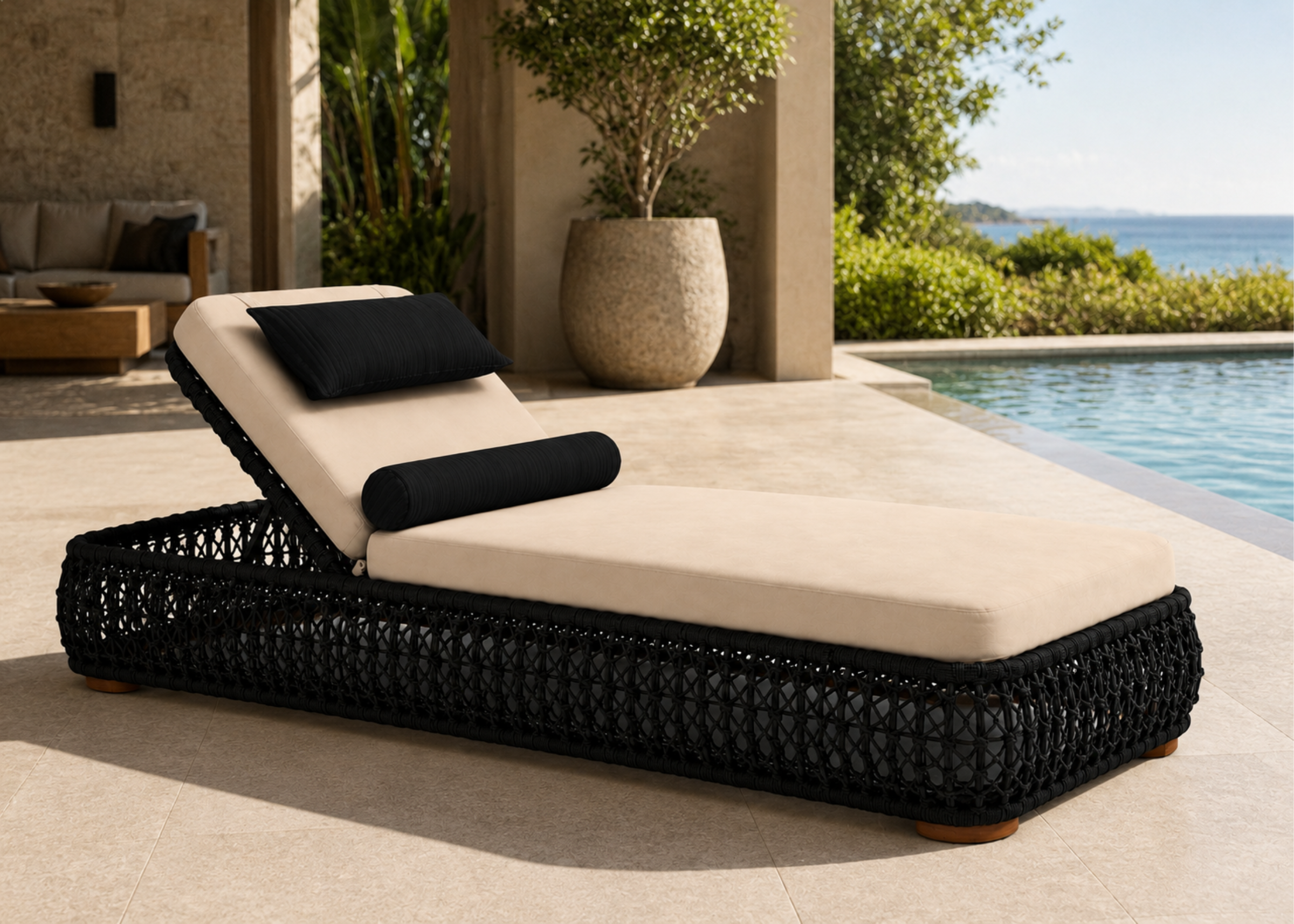Chaise para área externa Solaris com madeira cumaru e tecido impermeável, ideal para compor varandas, jardins e áreas de lazer elegantes.
