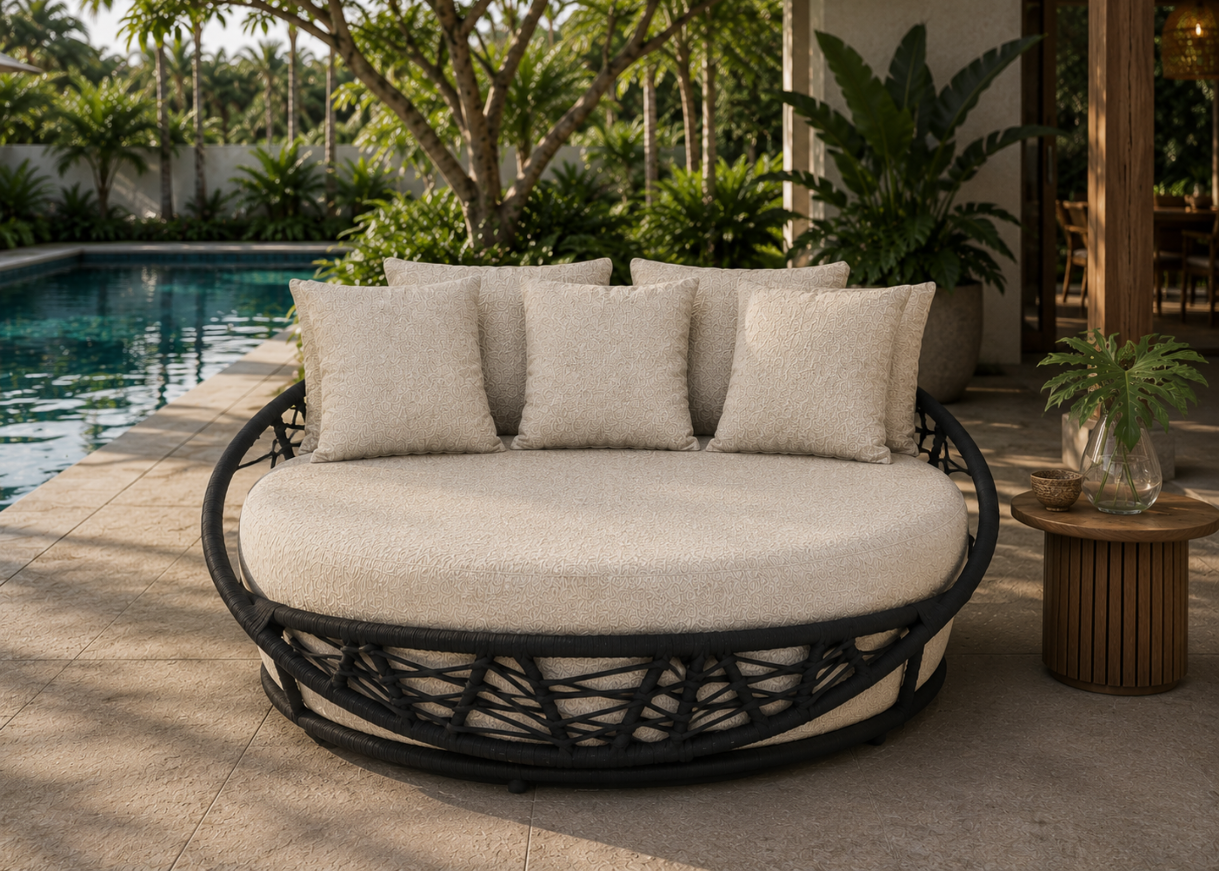 Chaise Sunrise com estrutura em alumínio e corda náutica para área externa, ideal para compor varandas e áreas de lazer modernas.