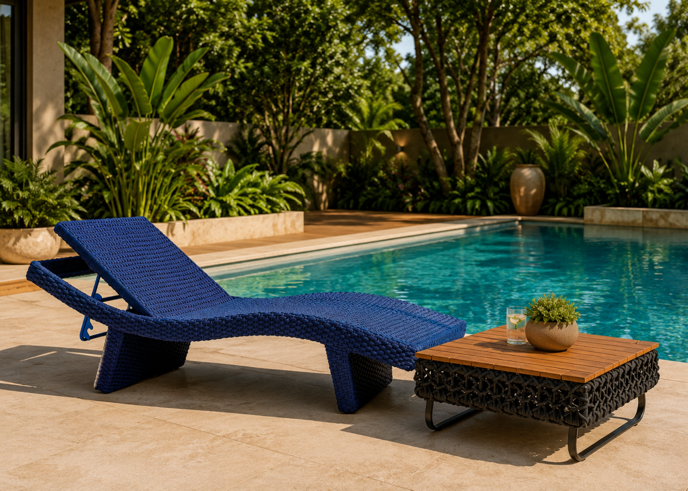 Chaise modelo Capri em alumínio pintado com corda náutica para área externa, apresentando design contemporâneo e resistente para ambientes externos.