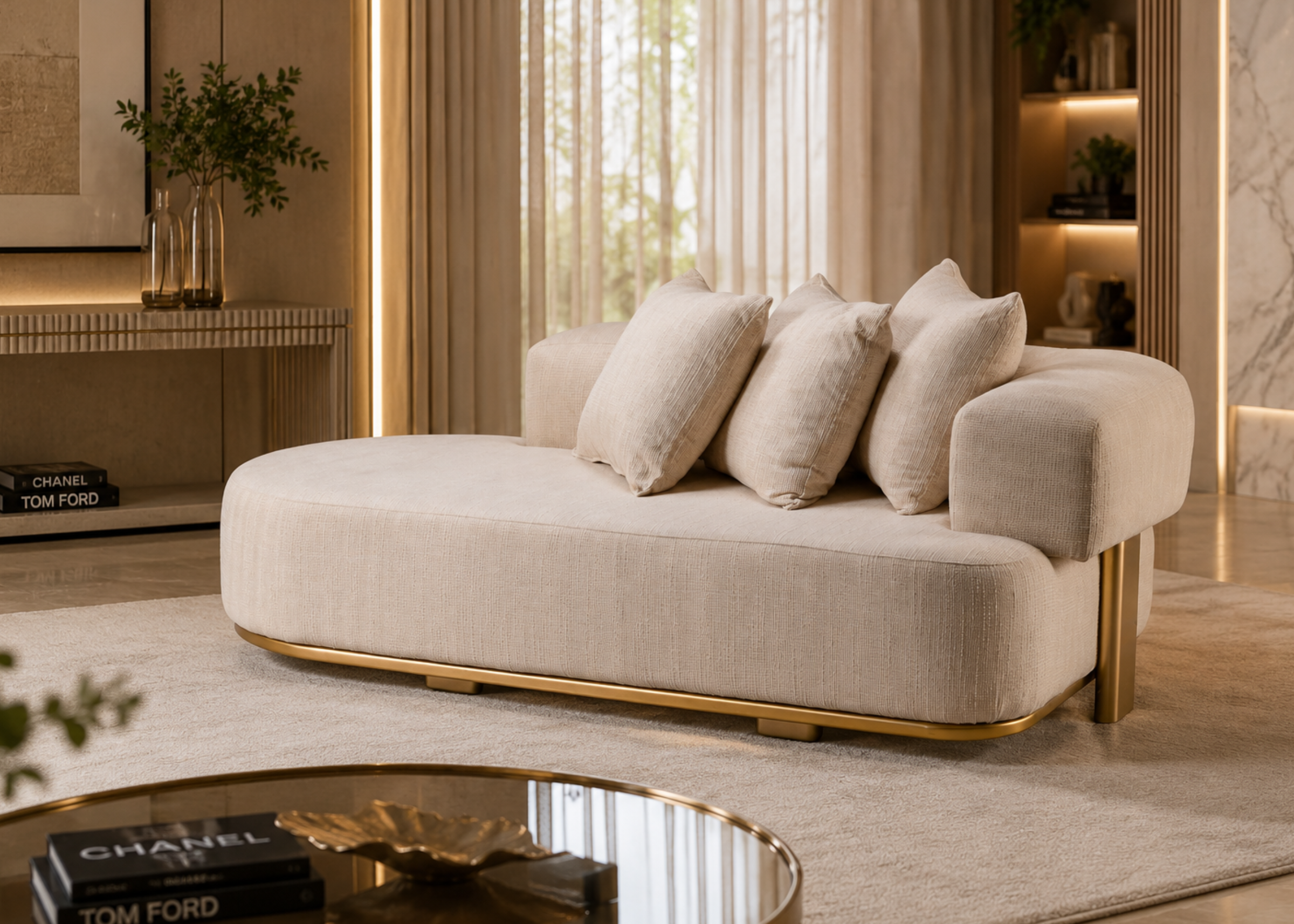 Chaise Divine em ambiente sofisticado e decorado, apresentando design elegante e confortável, ideal para compor espaços modernos e refinados.